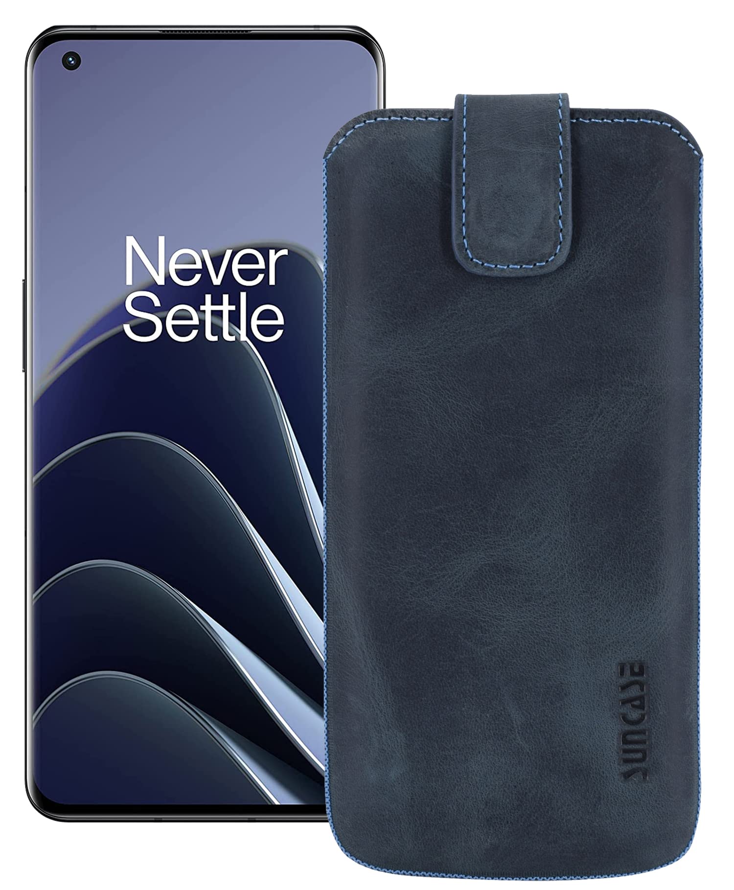 Suncase Slim Edition Genuine Leather Case Compatible with OnePlus 10 Pro with Pull-Up Strap and Magnetic Closure in Pebble Blue