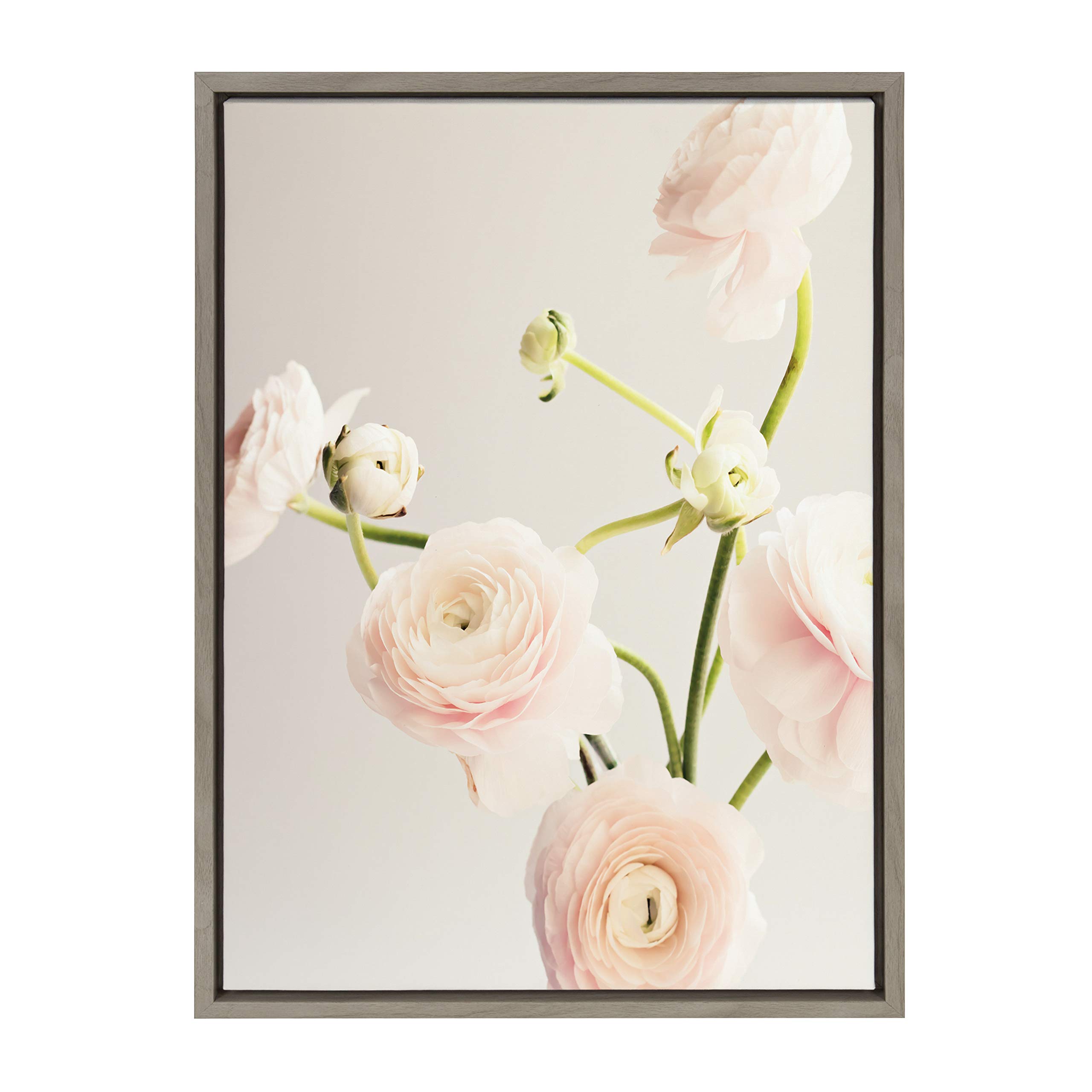 Kate and Laurel Sylvie Ranunculus Framed Canvas Wall Art by Caroline Mint, 18x24 Gray, Chic Botanical Art for Wall
