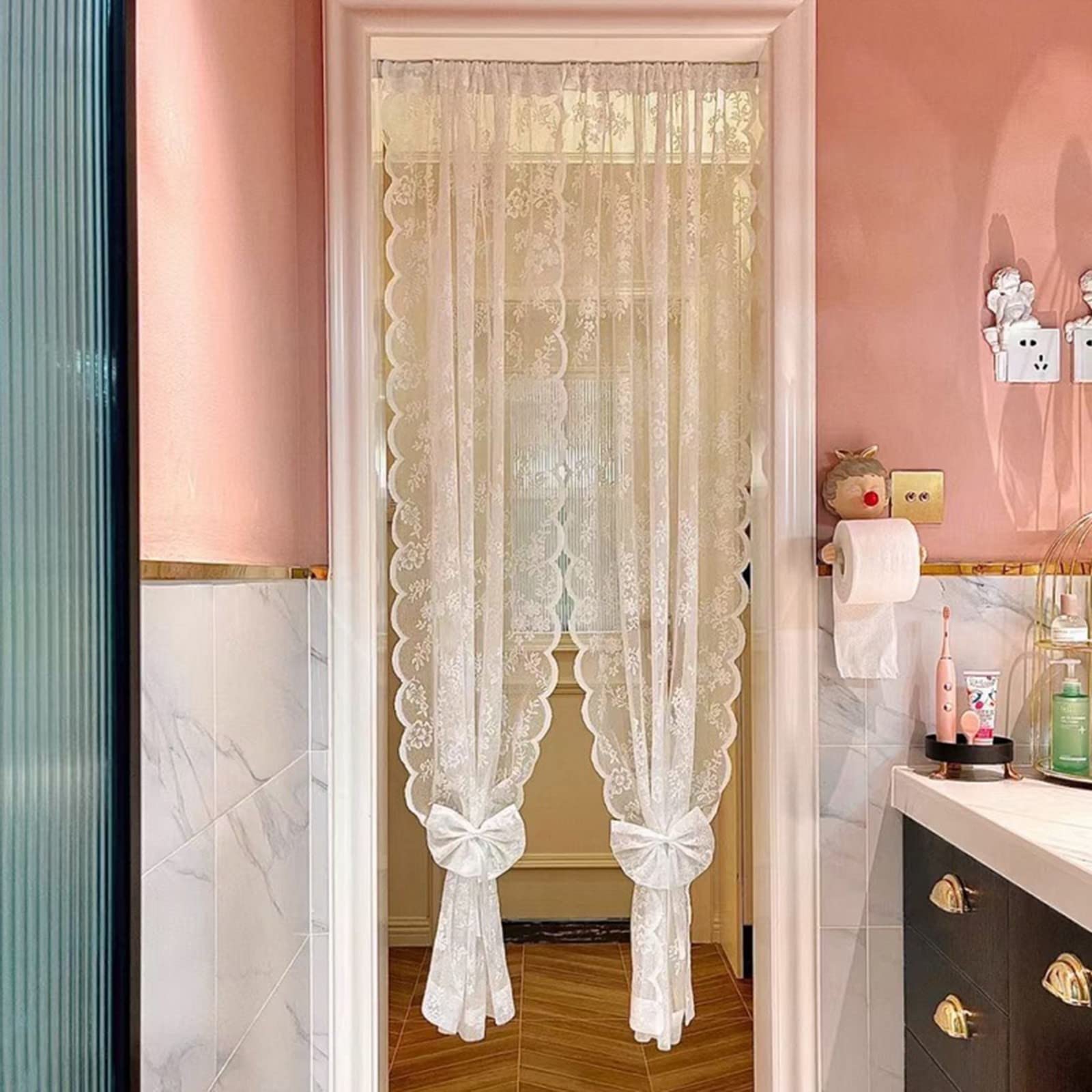 Lot de 2 rideaux de cuisine courts pour petites fenêtres – Voilage blanc transparent avec dentelle florale brodée – Demi-rideaux de fenêtre pour bistrot, café et décoration d'intérieur