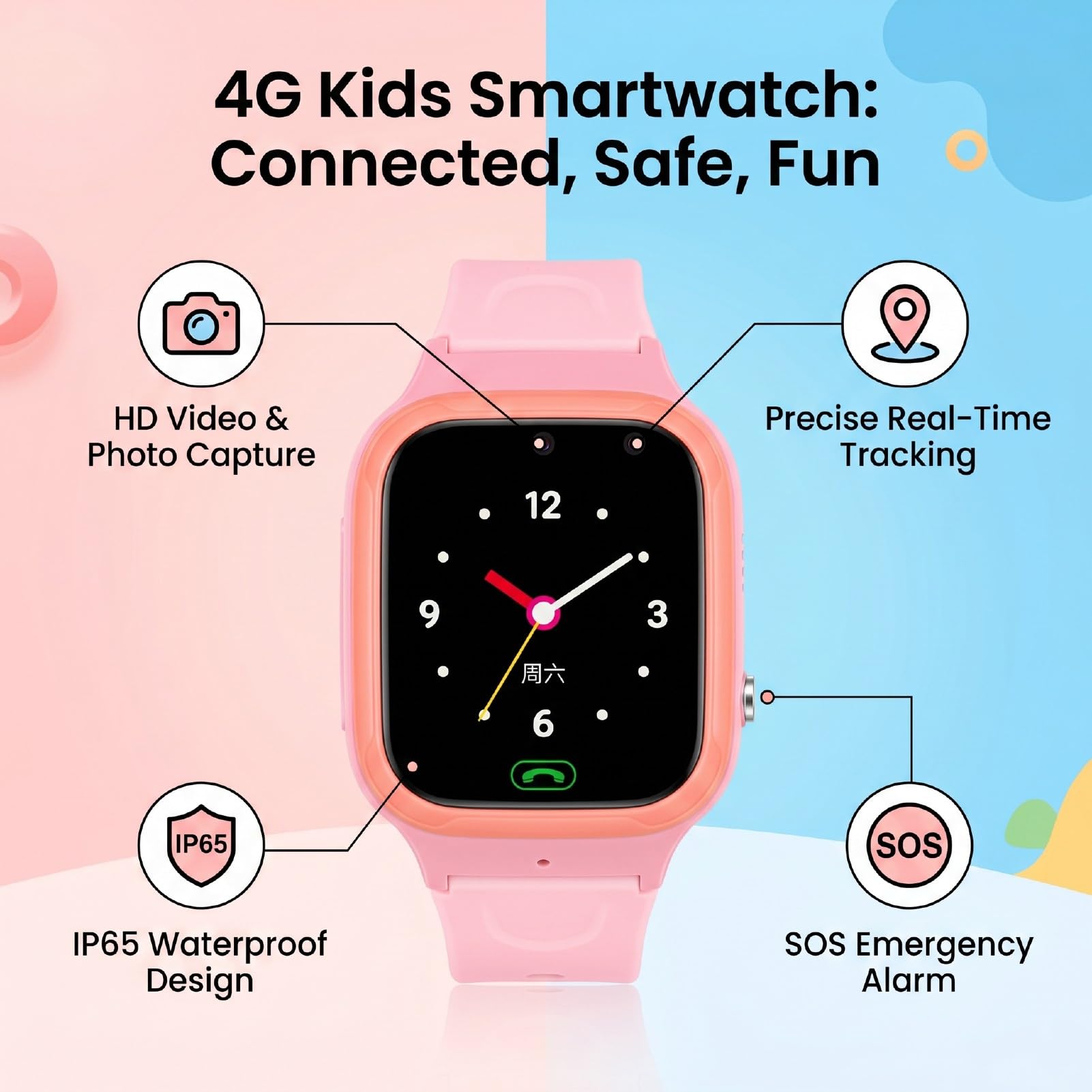 Reloj Inteligente para Niños 4G con Pantalla Táctil de 1,44 | Reloj de Videollamada para Niños, Rastreador LBS con Alarma SOS, Reloj de Teléfono con WiFi Habilitado para Niños y Niñas