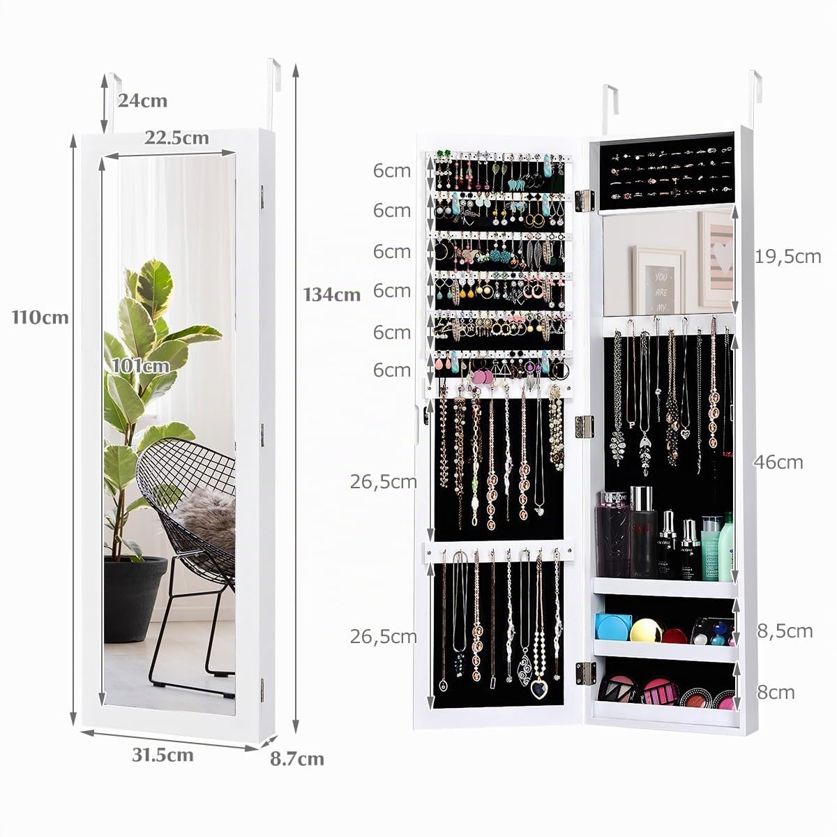 HOMASIS Espejo Joyero de Pared o Puerta Gabinete de Joyería con Espejo de Figura Completa Espejo Joyero con 2 Espejos para Maquillaje, Organizador de Joyería, Blanco,TF10821GRDE-HS