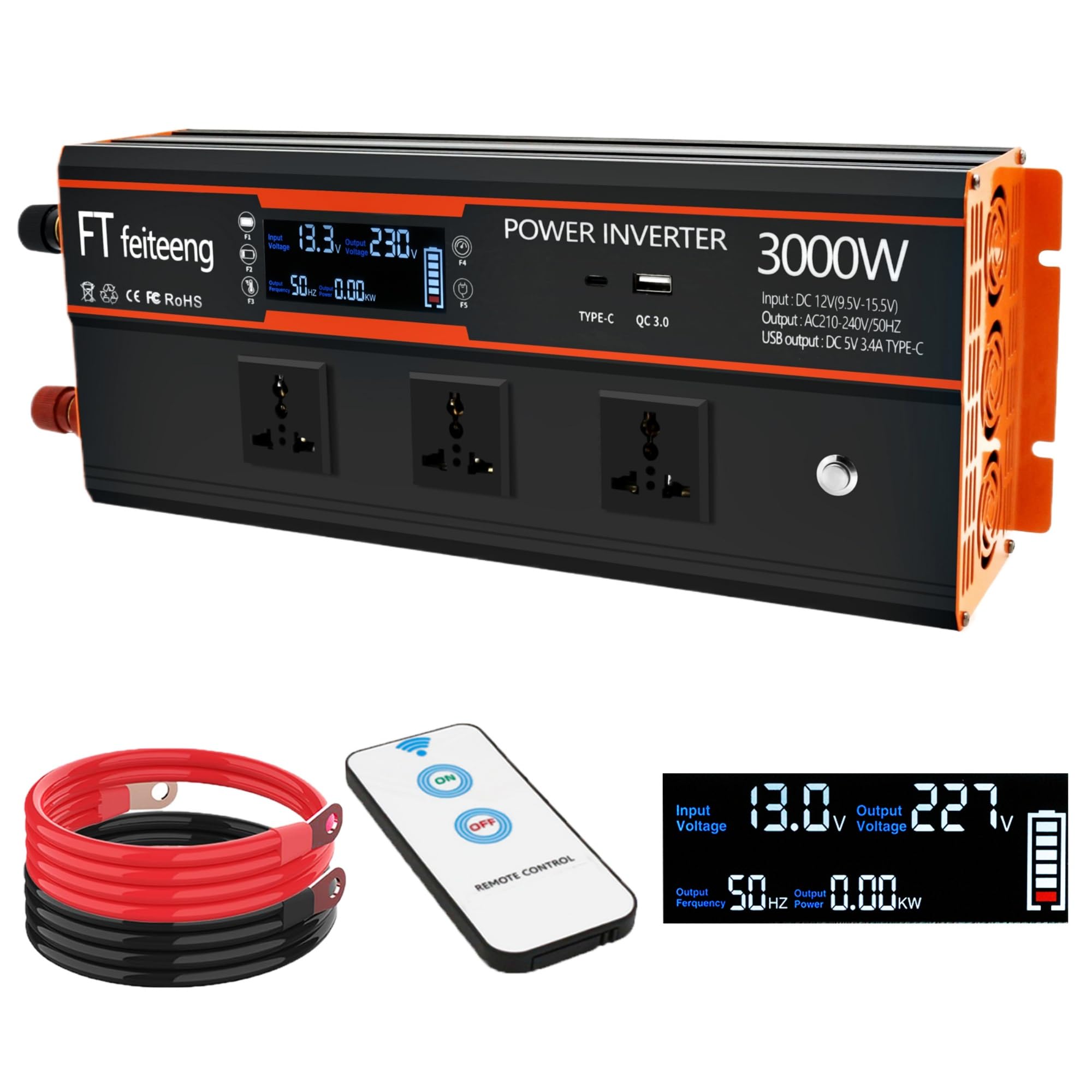 3000W Inverter di potenza da 3000W da 12V a 220V/230V CC a AC, con 2 prese AC, display LCD, telecomando wireless, porte di ricarica USB, adatto per auto, camper e esterni