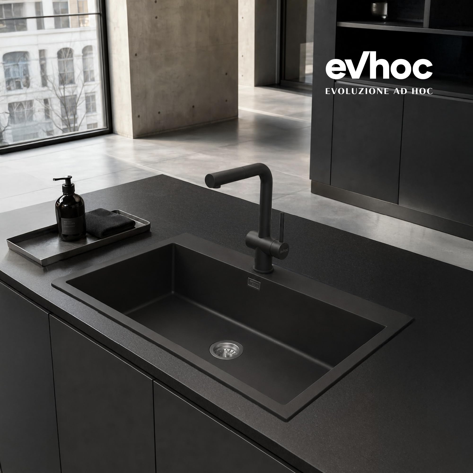 EVHOC Lavello Cucina Sopratop 1 Vasca 86x50 cm, Nero, NHEO XXL