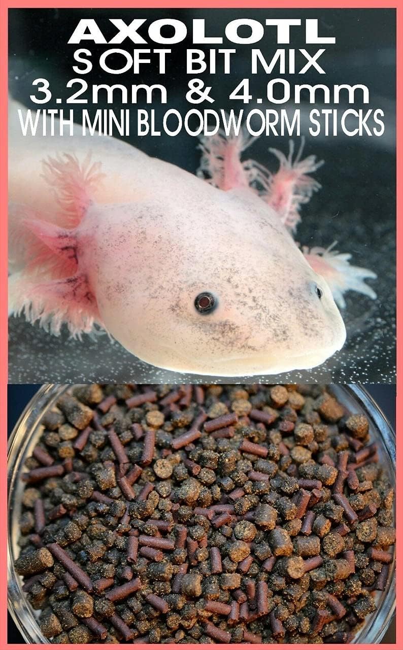 Gourmet Axolotl Soft Food Pellet Mix 3.2mm & 4.0mm & MINI BLOODWORM Sticks - A7 (1oz Sample)
