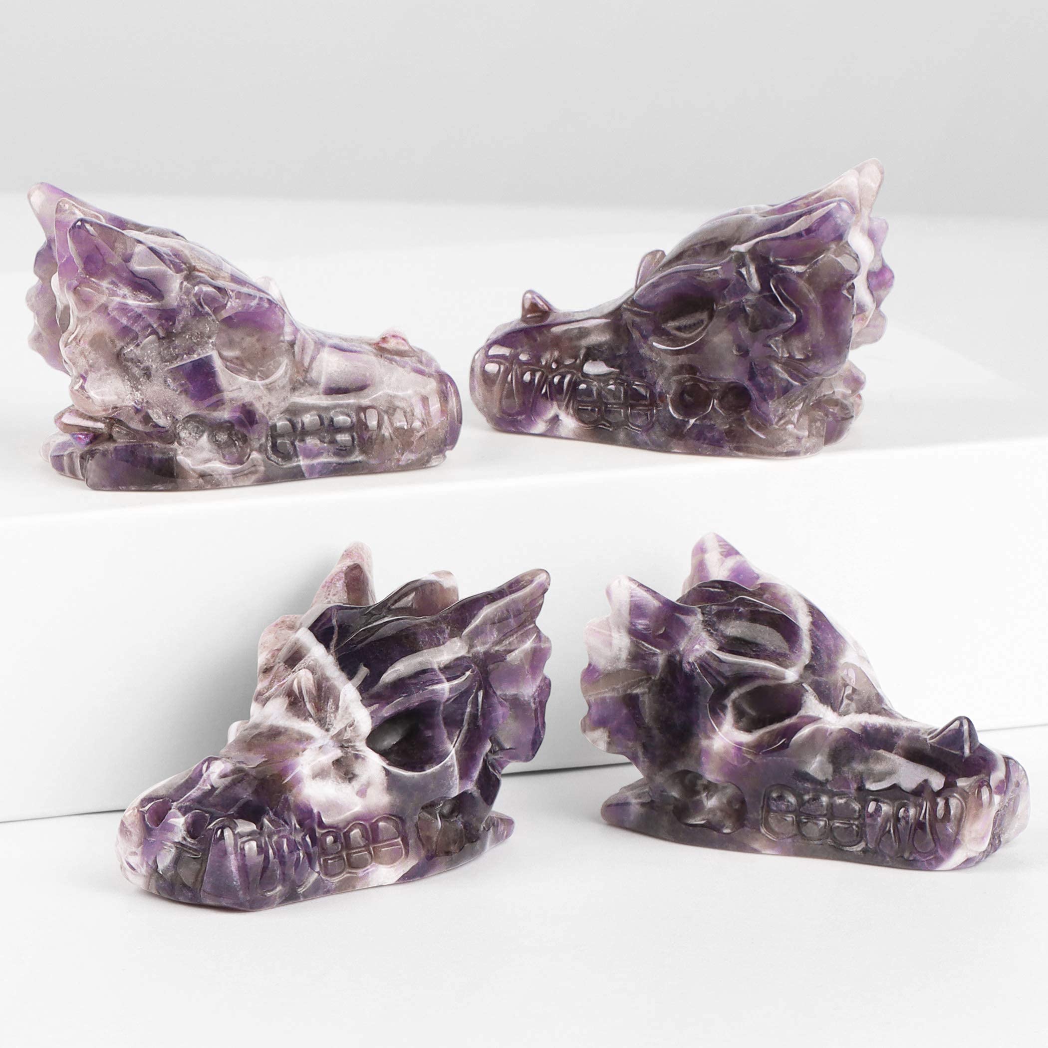 SMQ Amethyst Crystals Dragon Head Skull Statue Hand Carved Gem Purple Dragon Figurine Animal Carvings Collectible Healing Stones for Home Office Desk Decor(2 Inch)