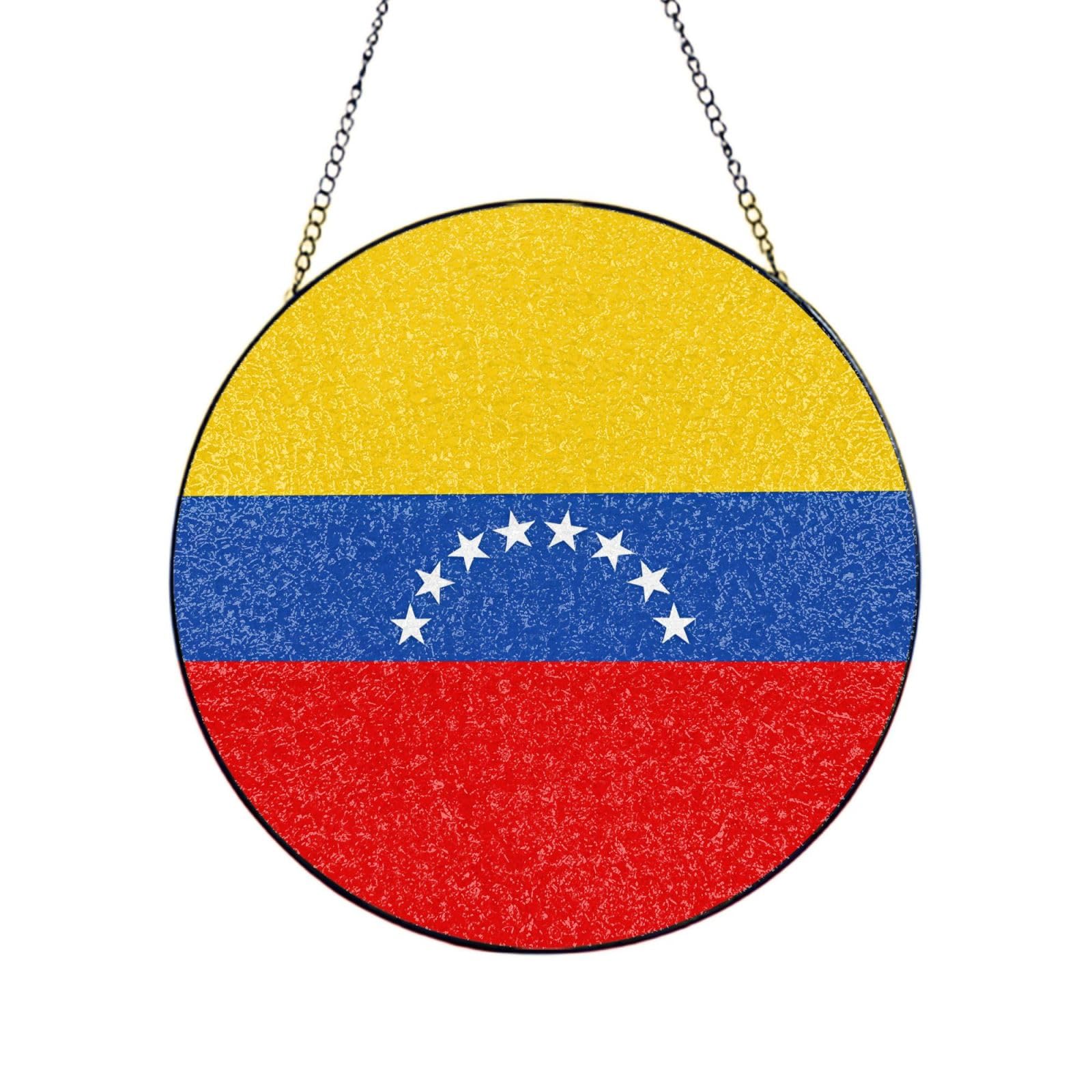 Poezjzw Stained Glass Window Hanging - Flag Of Venezuela Sun Catcher For Door Garden Home Decor Christmas Mother'S Day Birthday Gifts 10in（25cm）