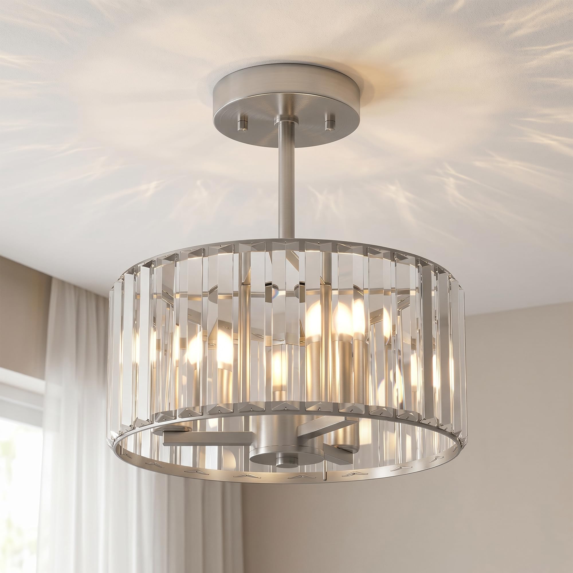 Homcom Unisex Silver Semi Flush Mount Modern Crystal Chandelier Ceiling Light In