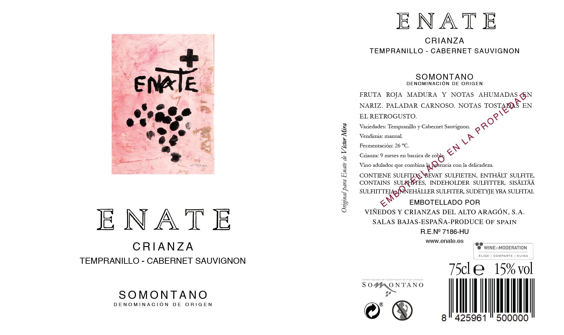 Bodega Enate - Pack de 6 Botellas de 75 cl de Crianza Tempranillo y Cabernet Sauvignon - Vino Tinto con D.O. Somontano - Notas Ahumadas y Especiadas - Fondo a Frutas Rojas Maduras