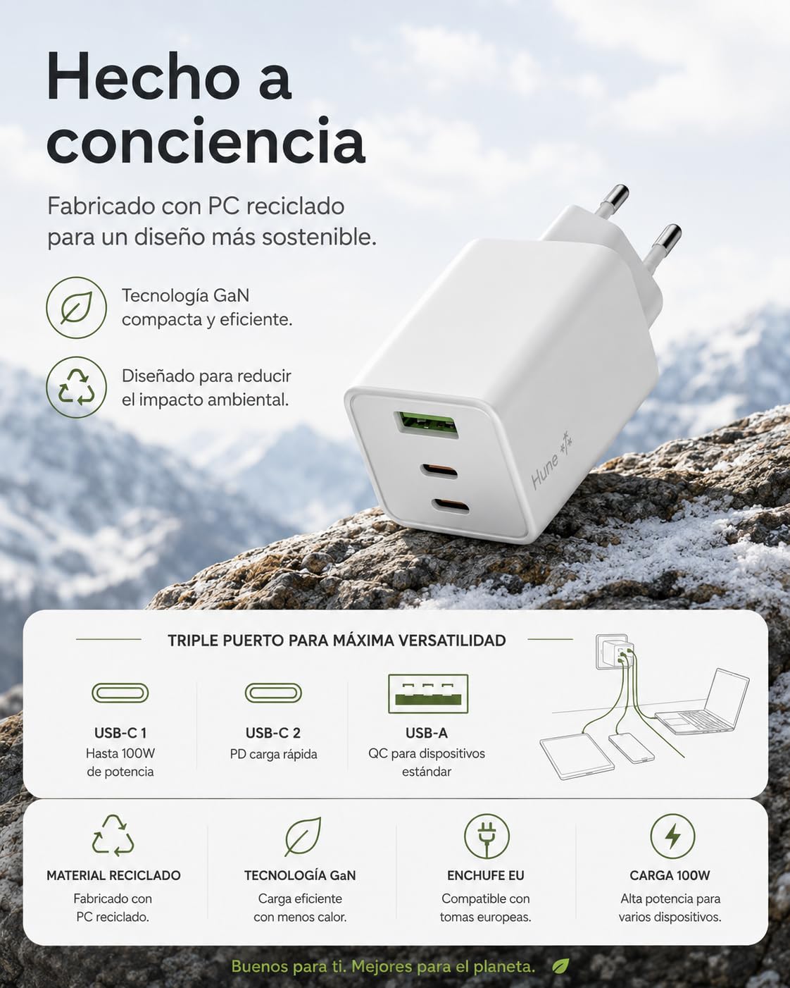 HUNE Huron 100 W, caricatore da parete triplo 2 USB-C e 1 USB-A, GaN e PPS, 100 W, ricarica rapida, plastica riciclata certificata, compatibile con laptop, tablet e cellulari