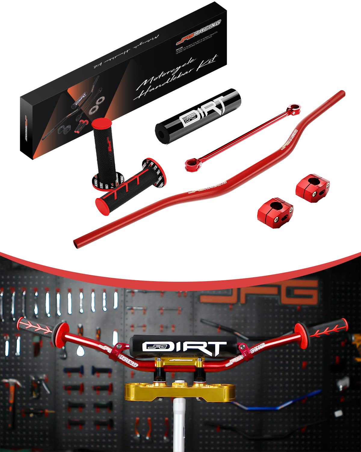 JFG RACING 1 1/8" 28mm Motorcycle Handlebar Kit With Cross Bar & Chest Pad & Clamps & Grips & Grip Donuts Compatible To Most ATV Dirt Bike RED