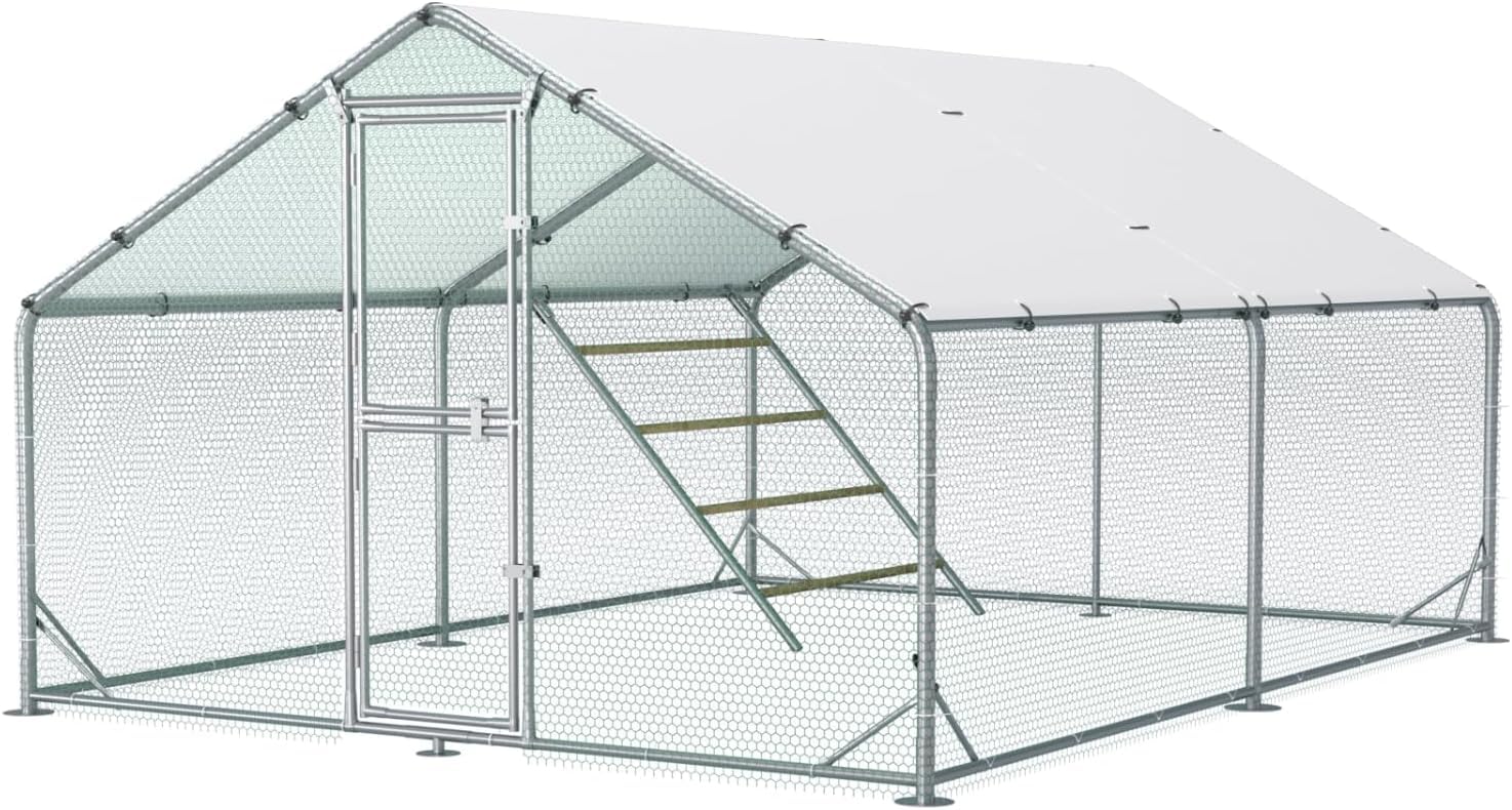 Sannwsg Großer Hühnerstall aus Metall 3x4x2m mit Dachabdeckung Hühnergehege für Garten Wetterfestes Freilaufgehege für 10 bis 20 Hühner mit Zubehör und Sitzleiter