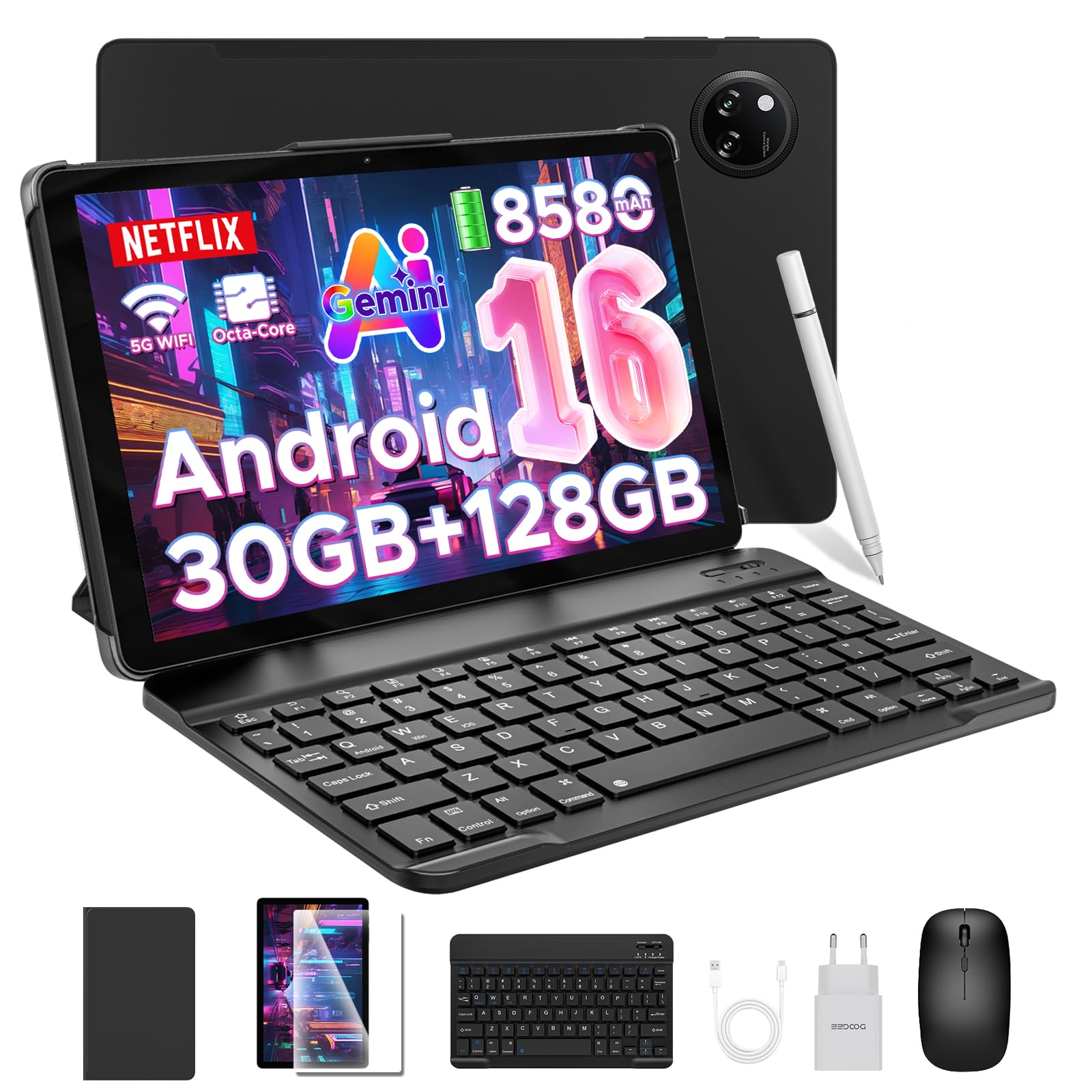 DOOGEE Tab A9 PRO+ Android 16 Tablets con Tastiera e Penna, Tablet 11 Pollici, 30GB RAM+128GB ROM/TF 2TB, 8580mAh 5G WiFi, Octa-Core PC,Gemini AI/Widevine L1/13MP/GPS/OTG/Doppi altoparlanti/3.5mm Jack