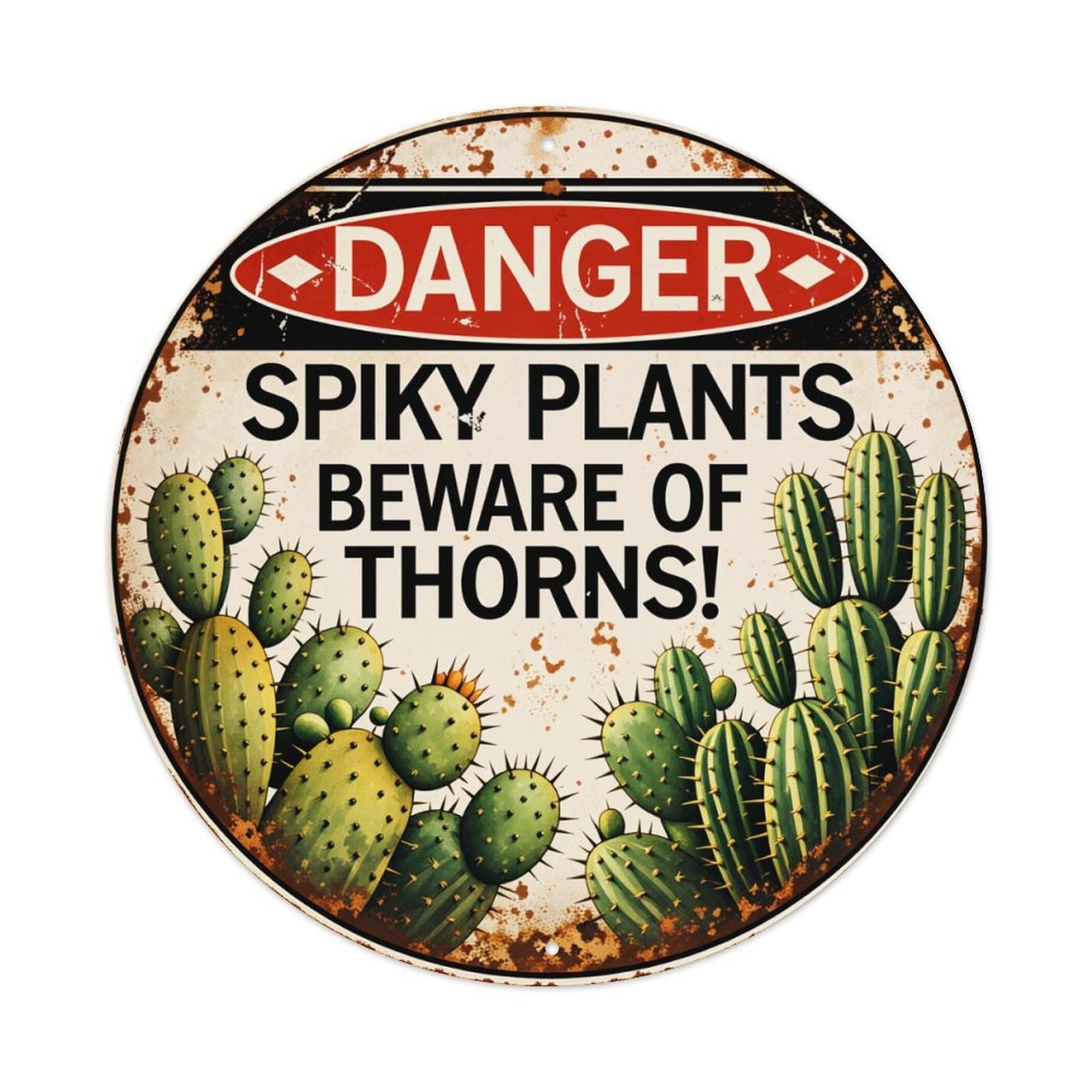 Danger Spiky Plants Beware Thorns Round Tin Sign Vintage Style Metal Sign Home Bar Garden Wall Plaque Decor Metal Poster 8x8 Inch