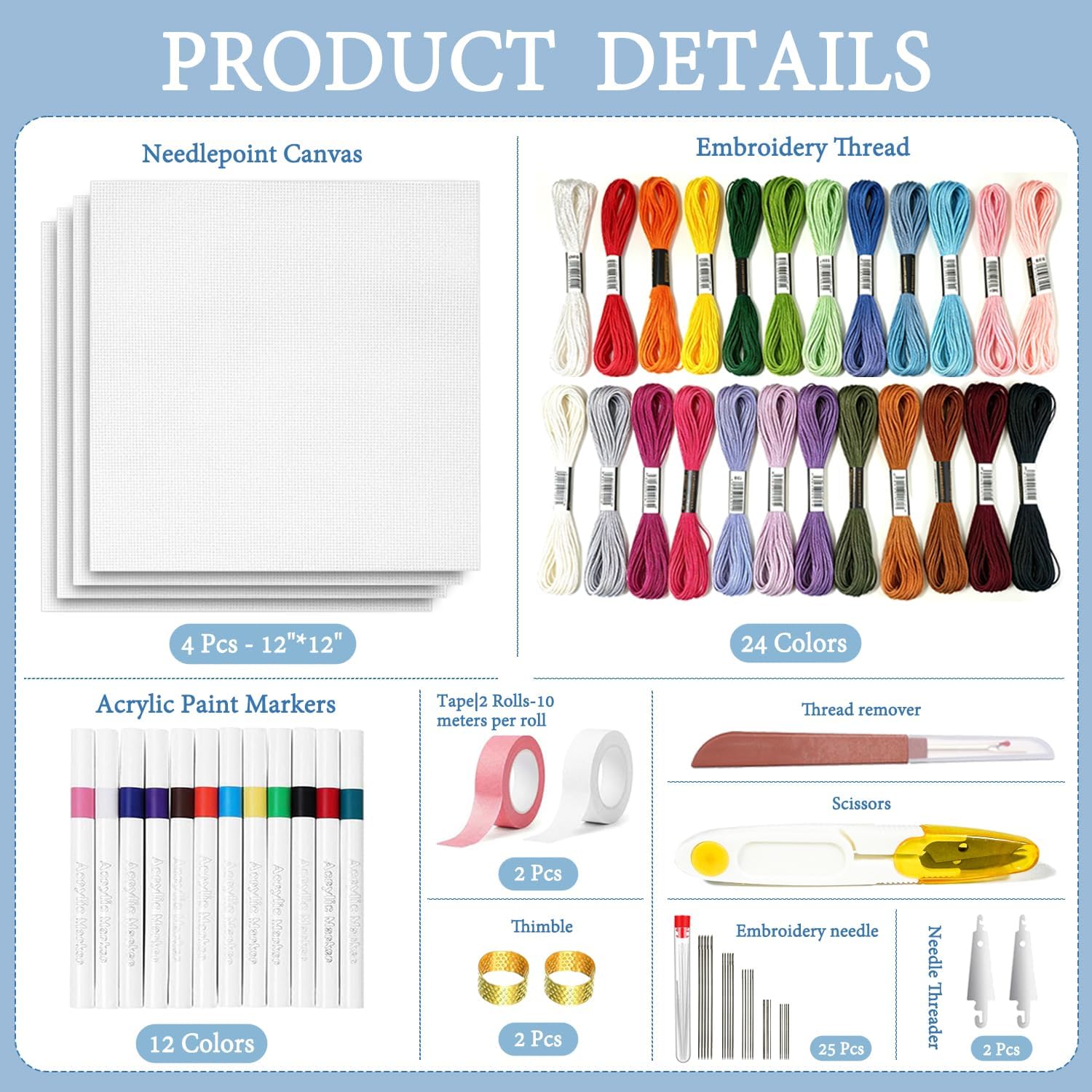 73 PCS Needlepoint Starter Kit for Beginners, 12"x12" Blank 18 Mesh Canvas