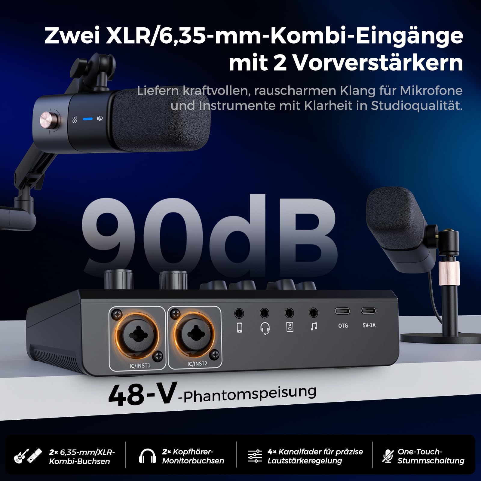 NearStream Mikser audio dla graczy z profesjonalnym przedwzmacniaczem mikrofonowym, dwoma wejściami XLR/6,35 mm, zasilanie fantomowe 48 V, RGB, zniekształcacz głosu, Soundpady – interfejs audio do