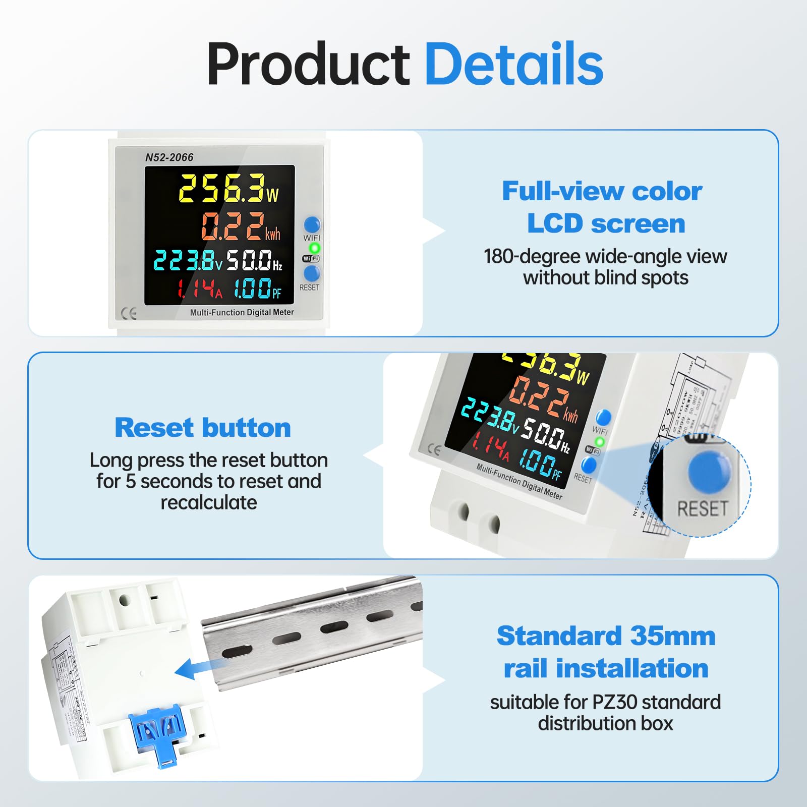 Contatore a guida WiFi Monofase 0-100A, Smart 6-in-1 AC 40-300V con controllo APP, contatore kWh, contatore trifase chiuso per applicazioni domestiche e fotovoltaiche
