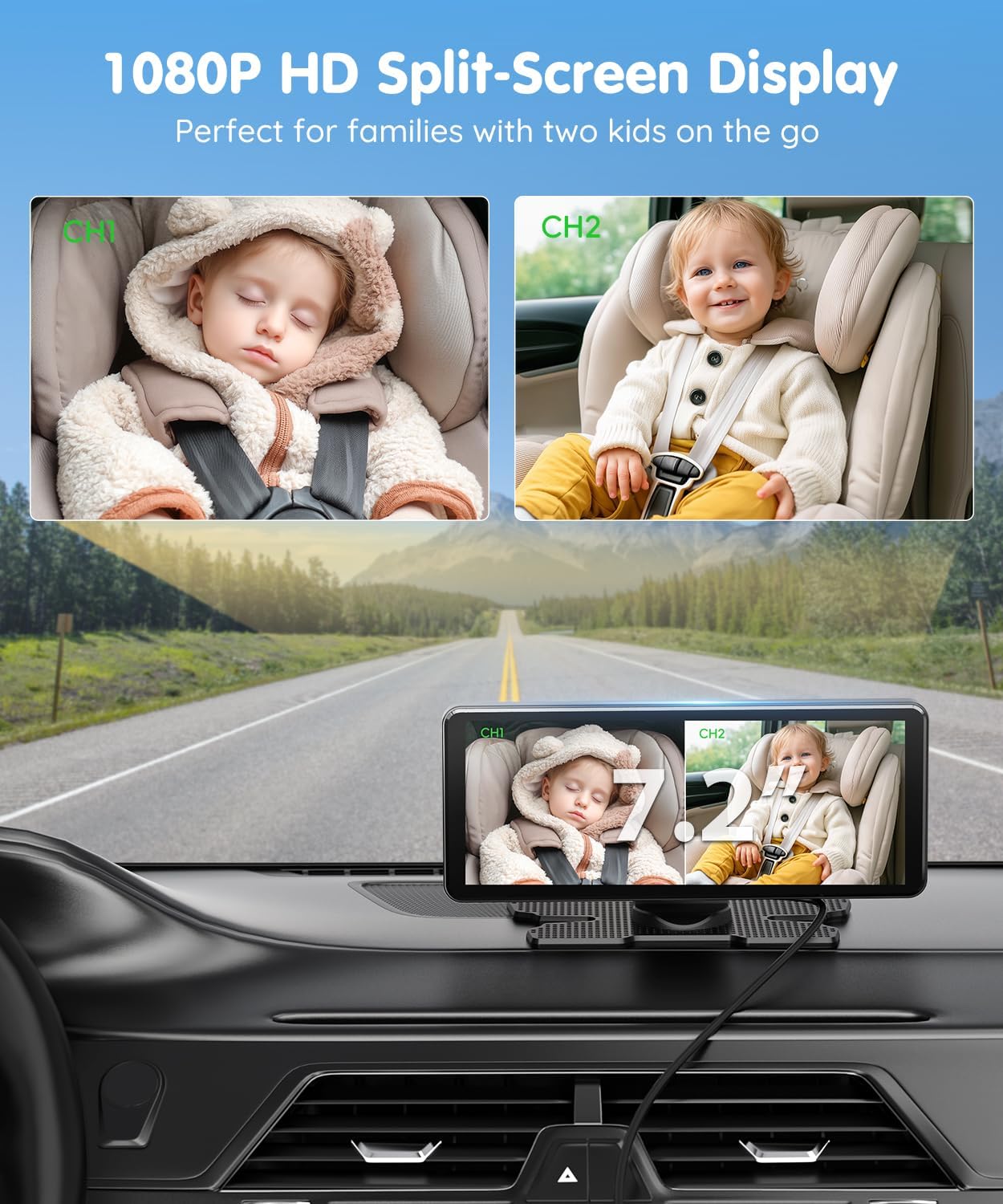Babyvue BV3 PRO Baby Car Camera for 2 Kids – 7.2″ Large HD Display Dual Channel Baby Monitor, 1080P IR Night Vision Car Seat Camera, Easy Install Rear-Facing View – Ideal for Kids and Pet Safety
