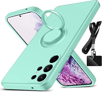 for Samsung Galaxy S23 Ultra Case, with 360Rotatable Ring Holder Kickstand & Strap Lanyard Liquid Silicone Slim Protective Case for Samsung Galaxy S23 Ultra, Light Green 2.172