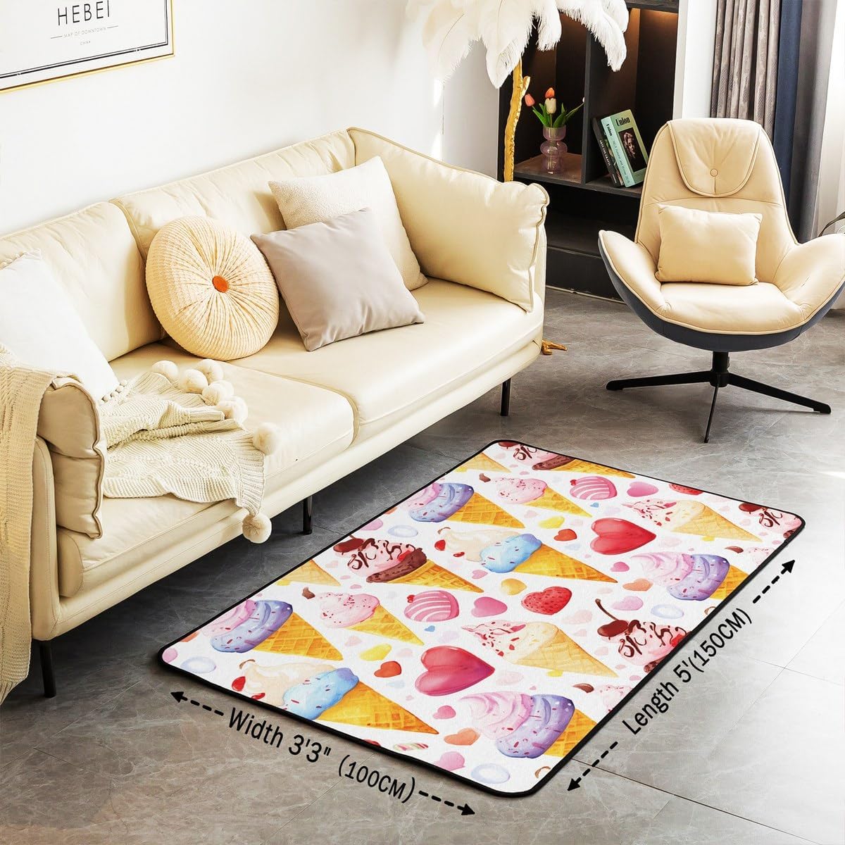 Feelyou Ice Cream Area Rug 5x7 Summer Food Print Indoor Floor Mat Colorful Decorative Carpet Dessert Theme Indoor Floor Mat