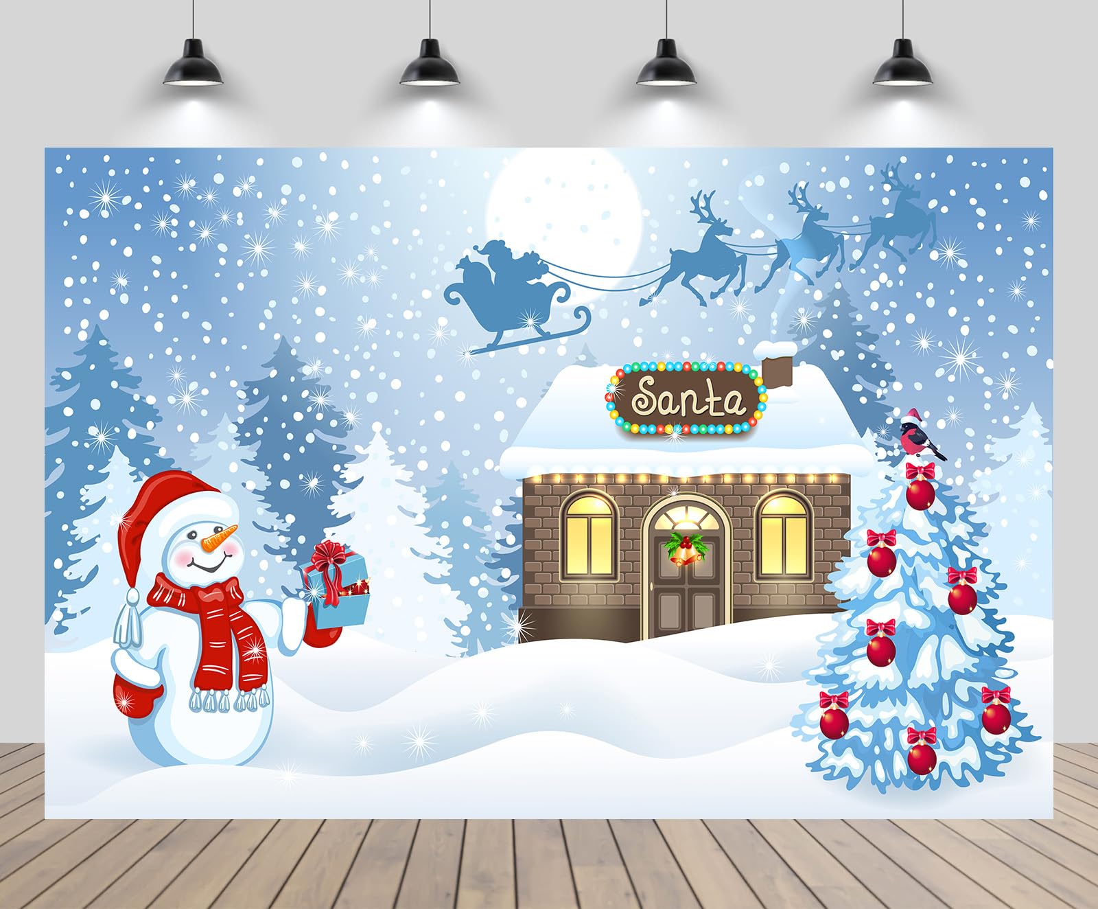 5x3ft Santa's Workshop Backdrop Snowman Gift Box Xmas Tree Santa Claus Sleigh Reindeer Winter Forest Background Merry Xmas Happy New Year Baby Shower Party Decor Portrait Photo Booth Props