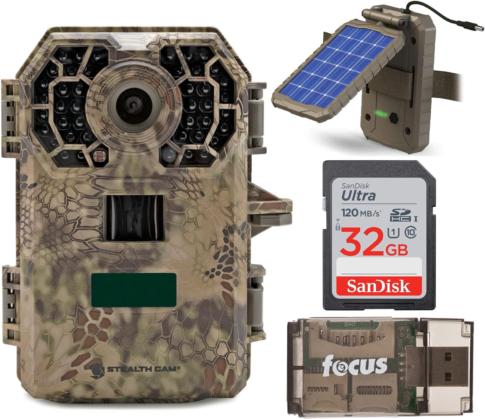 Stealth Cam2022 G42NG 32MP No Glow Trail Camera (Kryptek Camouflage) Bundle with Solar Power Panel and 32GB Memory Card (4 Items)