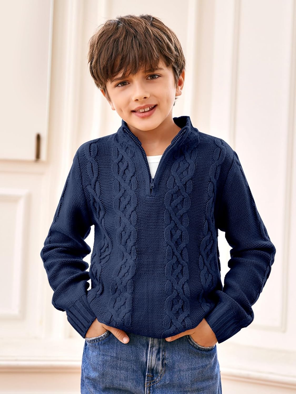 Toddler Boys' Girls' Cable Knit Pullover Sweater Quarter Zipper Long Sleeve Fall Winter Knitwear Outfit - Image 2