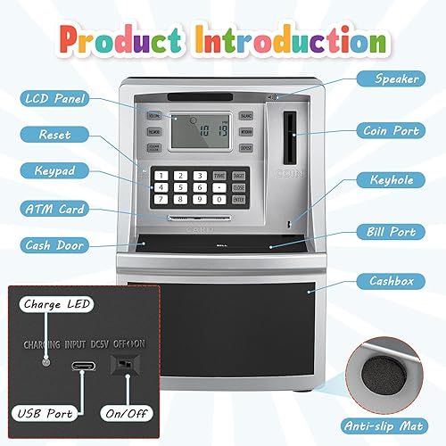 Miniatura 6 de Alcancía para niños, caja de dinero de cajero automático de gran espacio con batería recargable, regalos de cumpleaños de Navidad, banco de juguetes