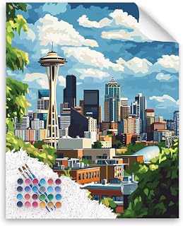 Paint by Numbers Seattle City for Adults Kits, USA Washington Cityscape Easy Acrylic Adults Beginner DIY Oil Painting on Canvas for Gift Home Wall Decor - Space Needle(16x20inch, No Frame)