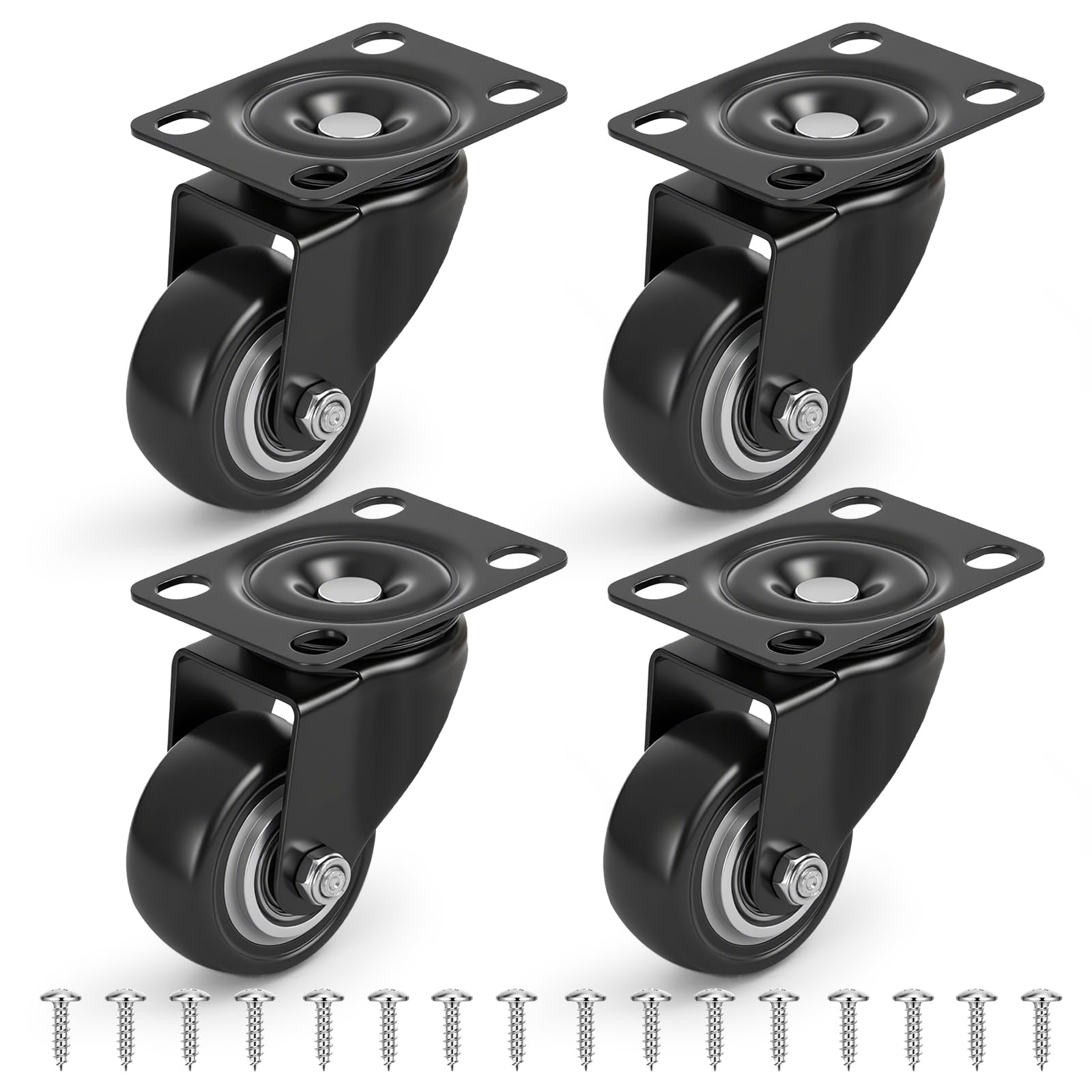 2 Inch Swivel Caster Wheels Set of 4 – Heavy Duty Black Polyurethane Casters with Top Plate, 360° Rotation for Furniture, Tool Carts, Home & Industrial Use