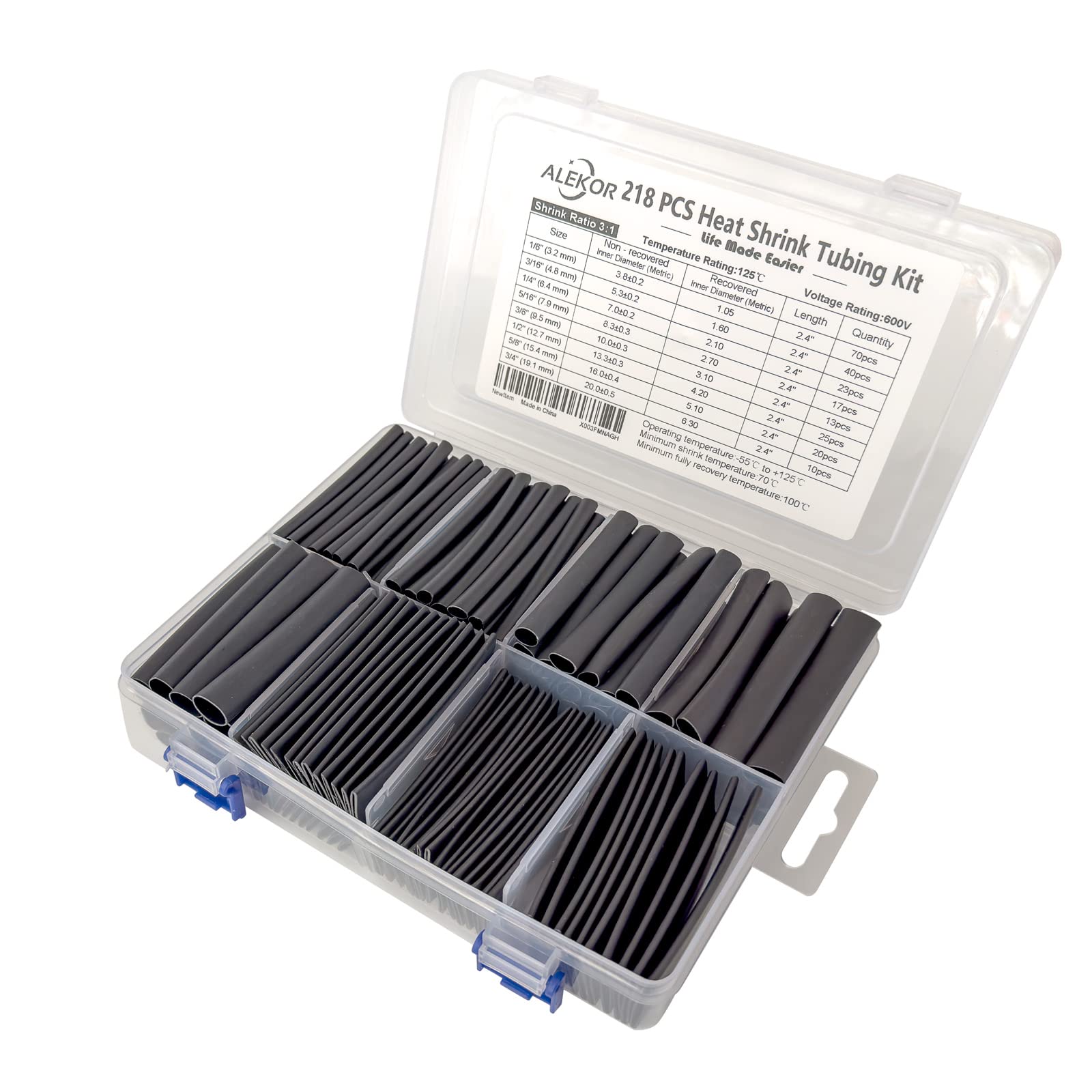 ALEKOR 8 Sizes 218 Pieces Large Adhesive Heat Shrink Tubing Kit 3:1 Ratio Industrial Marine Grade Waterproof