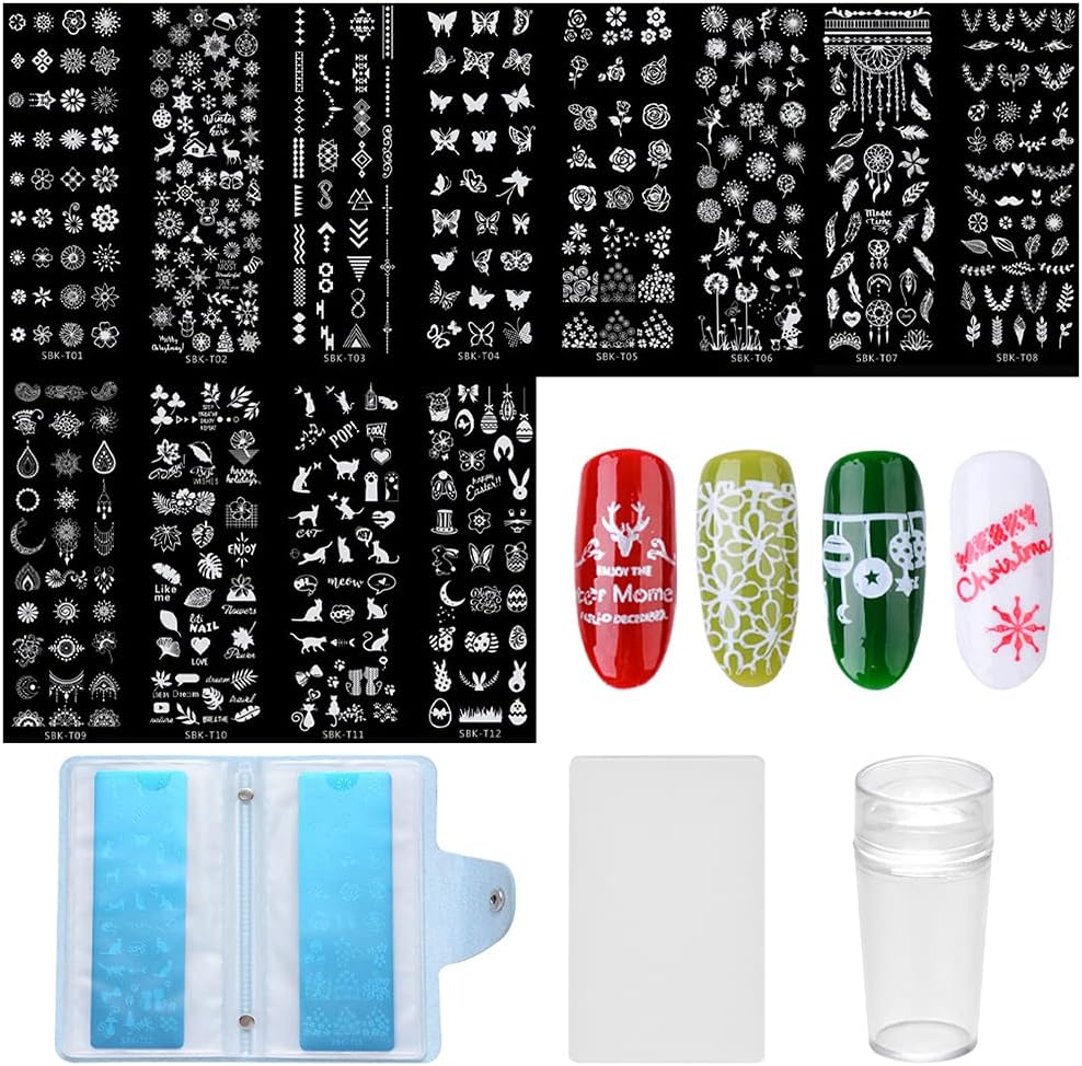Christmas Nail Stamping Stencils Plate Set, 304 Stainless Steel Stamp Stencils Nail Stamp Set, 12 x Nail Metal Plate + 1 x Transfer Stamp + 1 x Clear + 1 x Card Holder