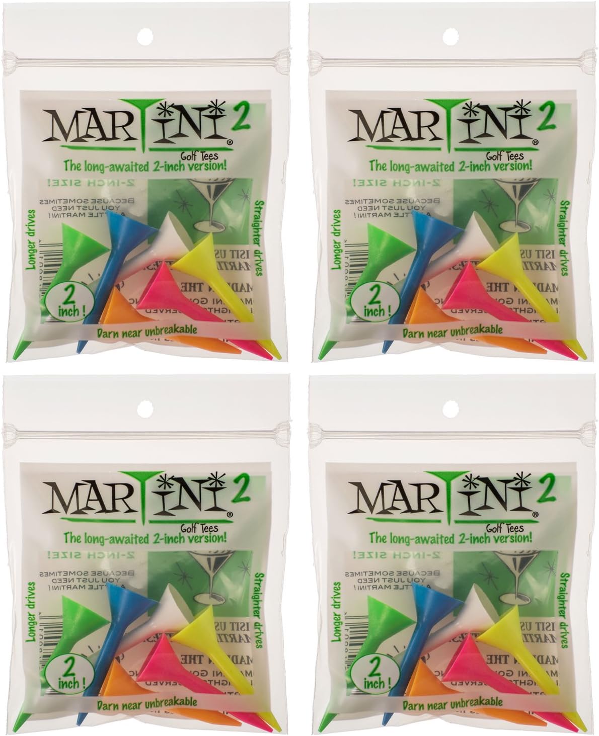 Martini Golf Tees 2" 4 Packs of Mixed - 24 Tees Total - Virtually Unbreakable