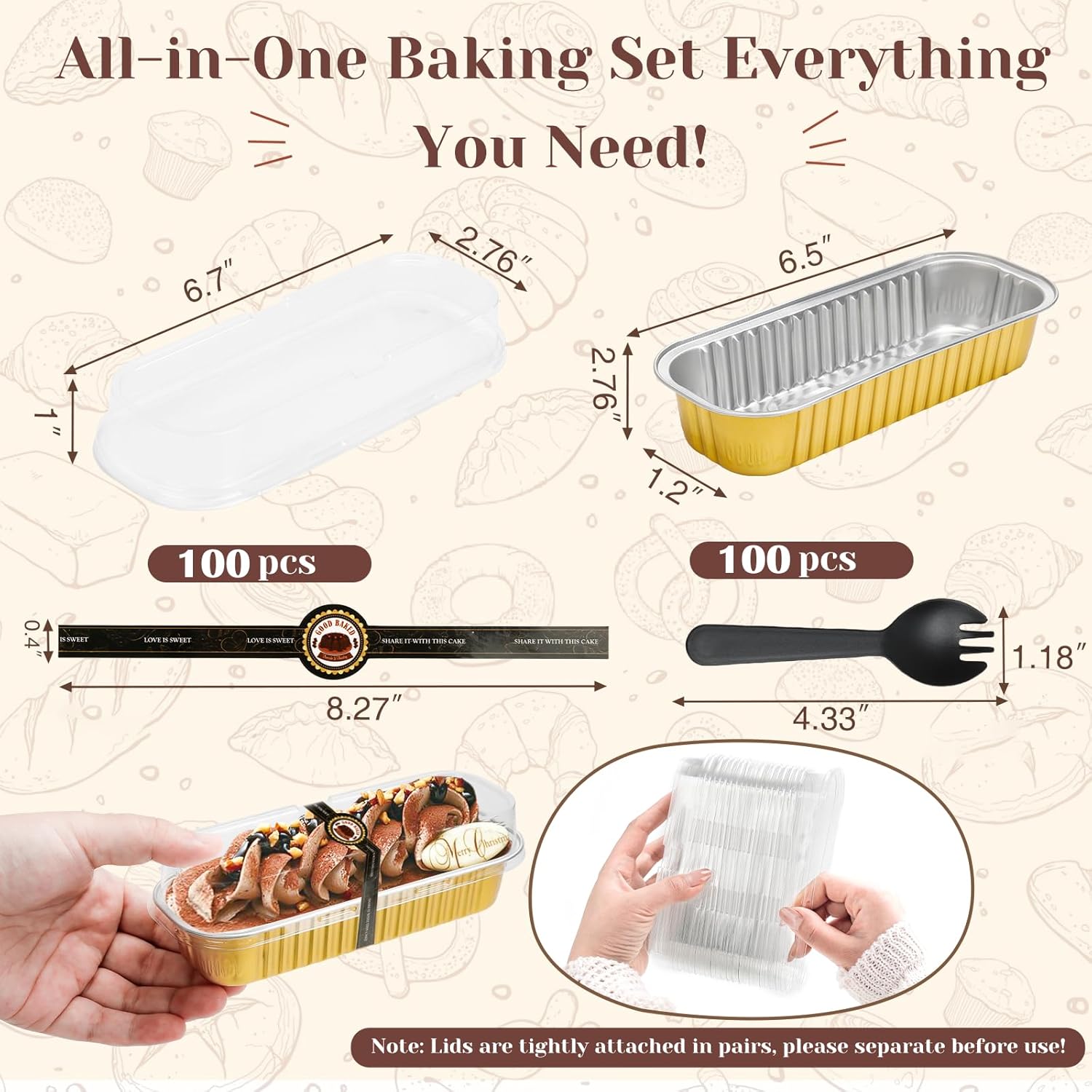 YQER 100 Pack Mini Loaf Pans with Lids, Spoons & Stickers – Disposable Aluminum Foil Baking Cake Containers for Oven, Air Fryer & Freezer – Ideal for Cakes, Bread, Pudding, Parties & Gifting, Gold