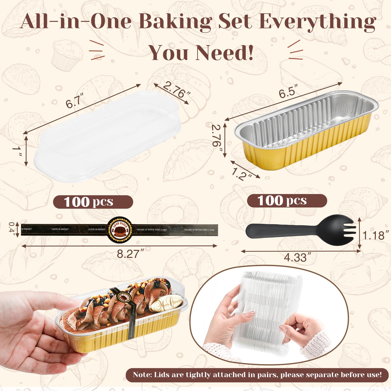 YQER Paquete de 100 mini moldes para pan con tapas y cucharas adhesivas de sellado, mini moldes para pasteles de 6.7 onzas para hornear, moldes desechables de papel de aluminio, moldes para hornear