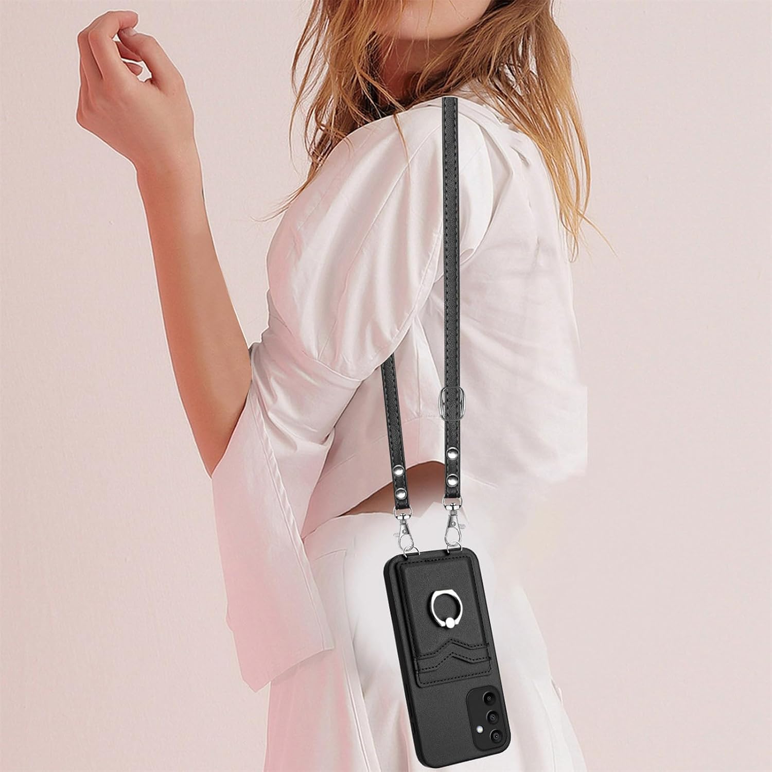 LEMAXELERS Crossbody Wallet Case for Galaxy A16 5G with Card Holder and Ring Stand Kickstand Wrist Strap Lanyard Handbag Purse Phone Case Cover for Samsung Galaxy A16 5G. Black YKB
