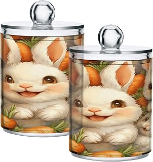 Apothecary Jars Bathroom Storage Organizer with Lid - 14 oz Qtip Holder Storage Canister, Rabbits and Carrots Clear Plastic Jar for Cotton Swab, Cotton Ball, 4PCS