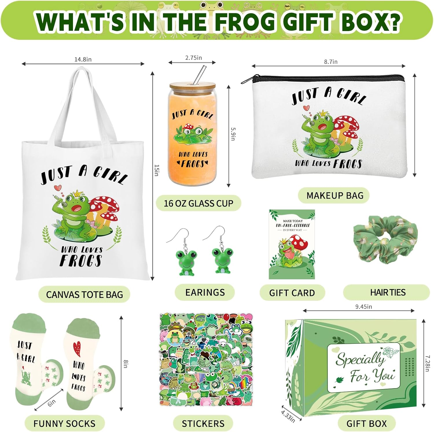 Frog Gifts for Women Cute Frog Lovers Stuff Gifts Include 16oz Glass Cup Tote Bag Maekup Bag 5 Hair Ties Earrings Socks Stickers & Card for Birthday Christmas (Classic) - Image 2