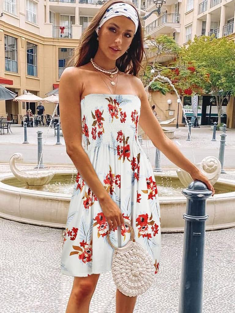 CHICGAL Summer Dresses for Women Beach Cover Ups Strapless Boho Floral Print Sundress - Image 2