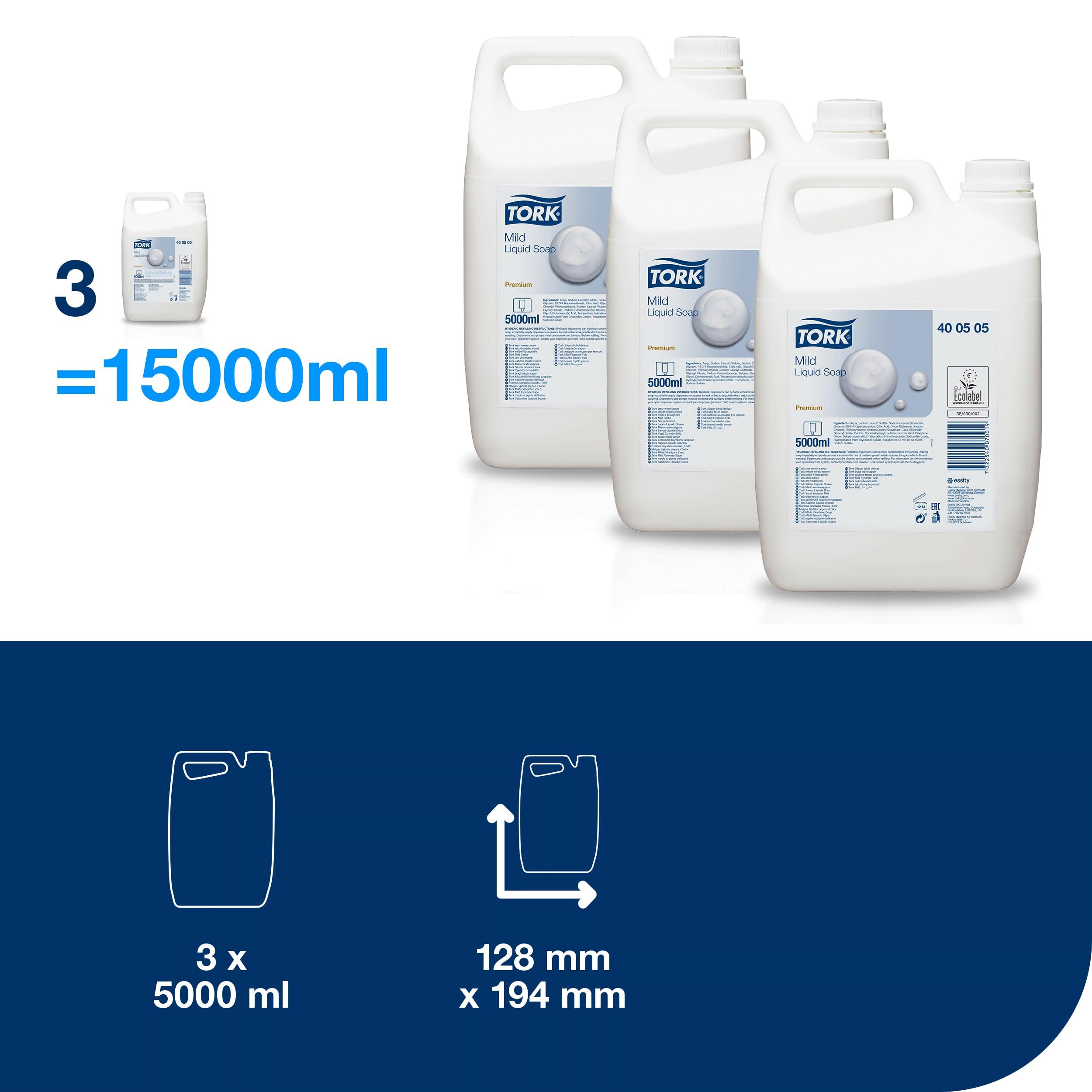 Tork Jabón Líquido Suavemente Perfumado Amarillo Claro, Dermatológicamente Probado 3 × 5.000 ml, 400505