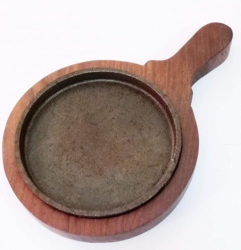 Miniatura 3 de Sahishnu - Juego de platos para fajita en línea y marketing, plato redondo chisporroteante para brownie/bandeja con base de madera y mango redondo