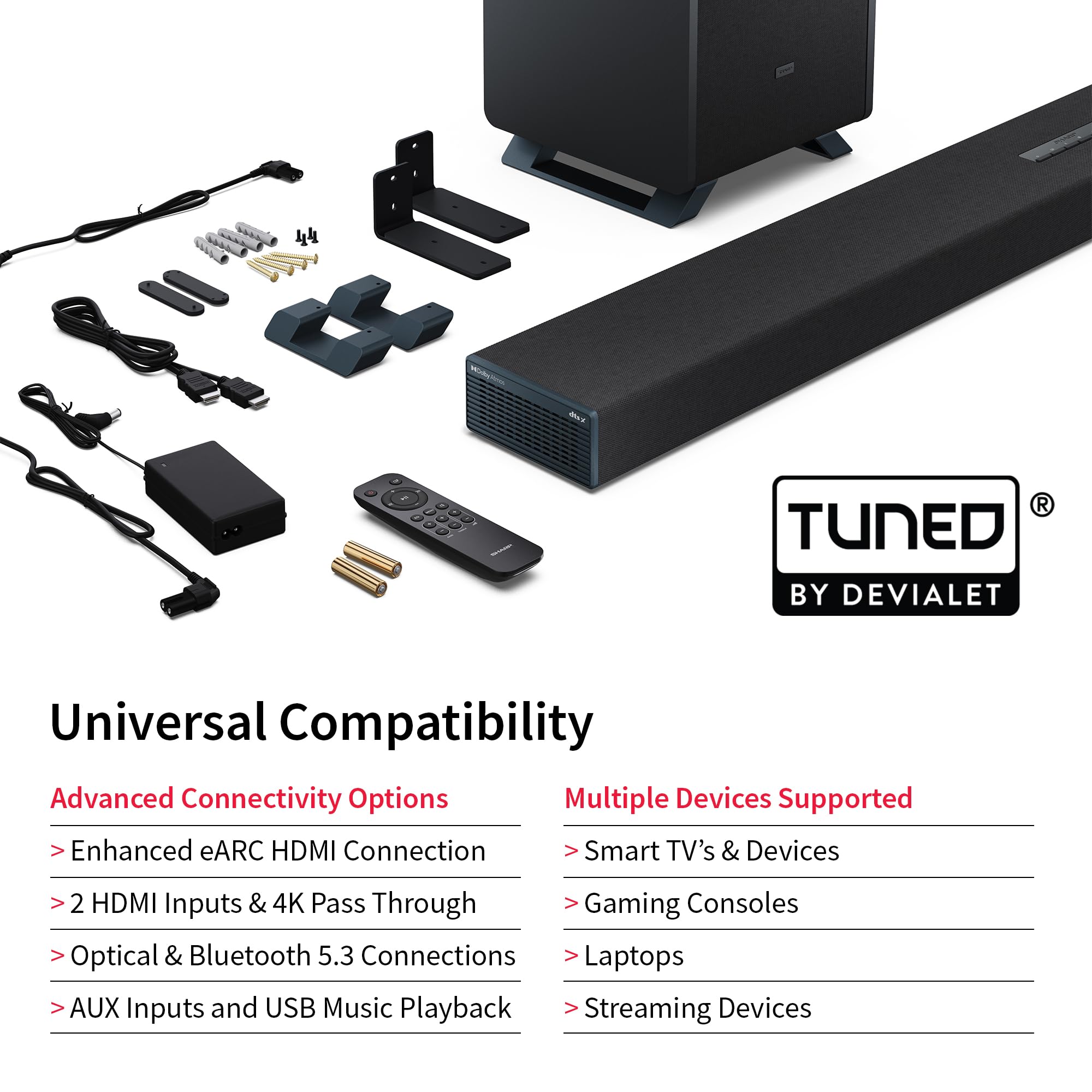 SHARP HT-SBW55121(BK) Barre de Son 5.1.2 canaux avec Caisson de Basses sans Fil - Audio Home cinéma 650 W, Dolby Atmos, DTS:X, Bluetooth 5.3, HDMI eARC, Passthrough 4K - Noir