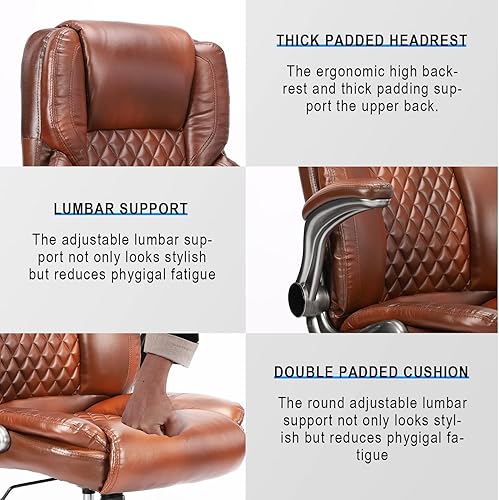 Miniatura 8 de Silla de oficina de cuero marrón con brazos abatibles, sillas de oficina ejecutivas ergonómicas de respaldo alto con ruedas, silla de escritorio de