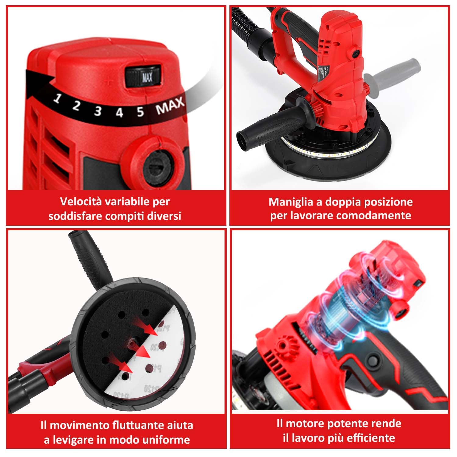 Geevorks Levigatrice per Muro, 850W Levigatrice a Secco Velocità Variabile 1500-2600 Giri al Minuto, Aspirazione Polvere Automatica con Luce a LED, Doppio Manico, Sacco di Raccolta e12 Dischi Abrasivi