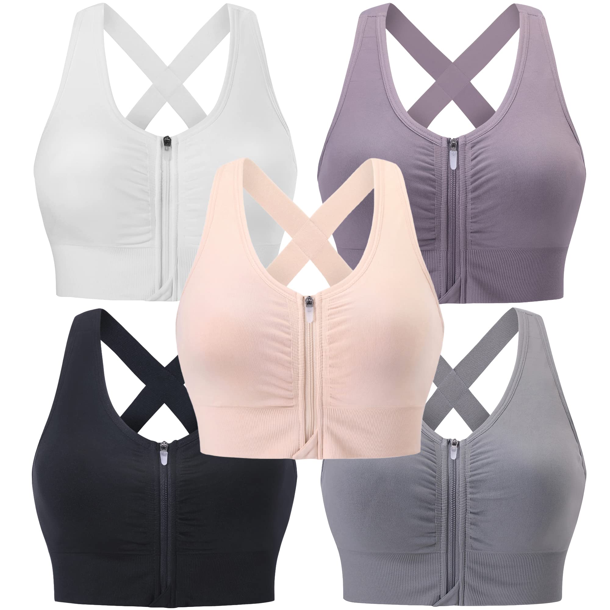 Evercute Soutien-gorge post-chirurgie à fermeture éclair sur le devant pour femme, soutien-gorge de sport sans fil, bretelles rembourrées, soutien moyen, yoga, exercice, ① Noir Blanc Gris Violet Chair