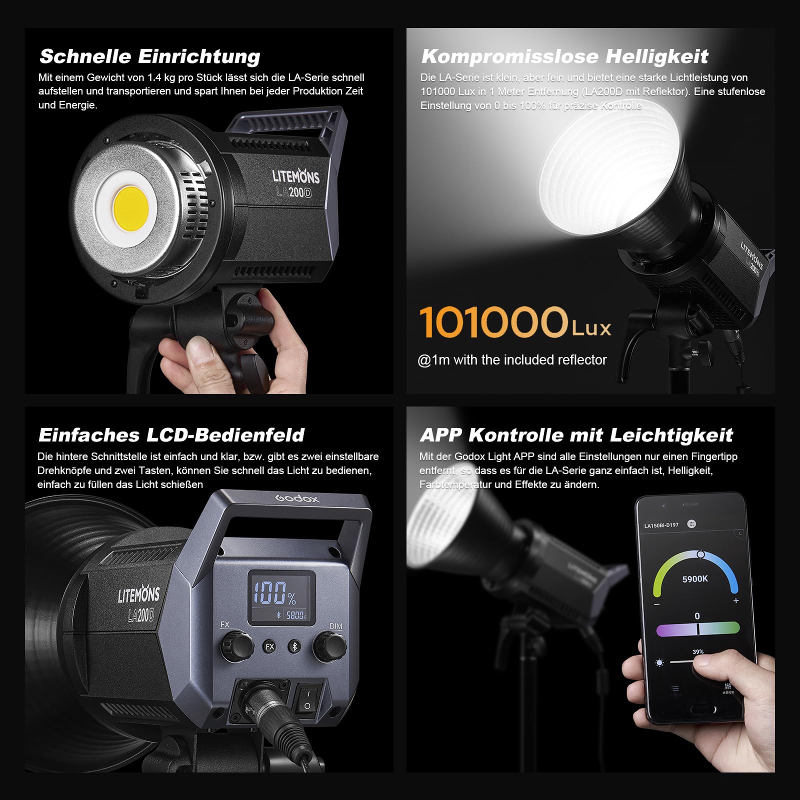 Godox 2Pack Litemons LA200D Lumière Vidéo LED Continue Lampe 5600K CRI 96+ TLCI 97+,101000lux avec Bowens Mount et contrôle APP pour Livestreaming,Vidéo,Youtuber