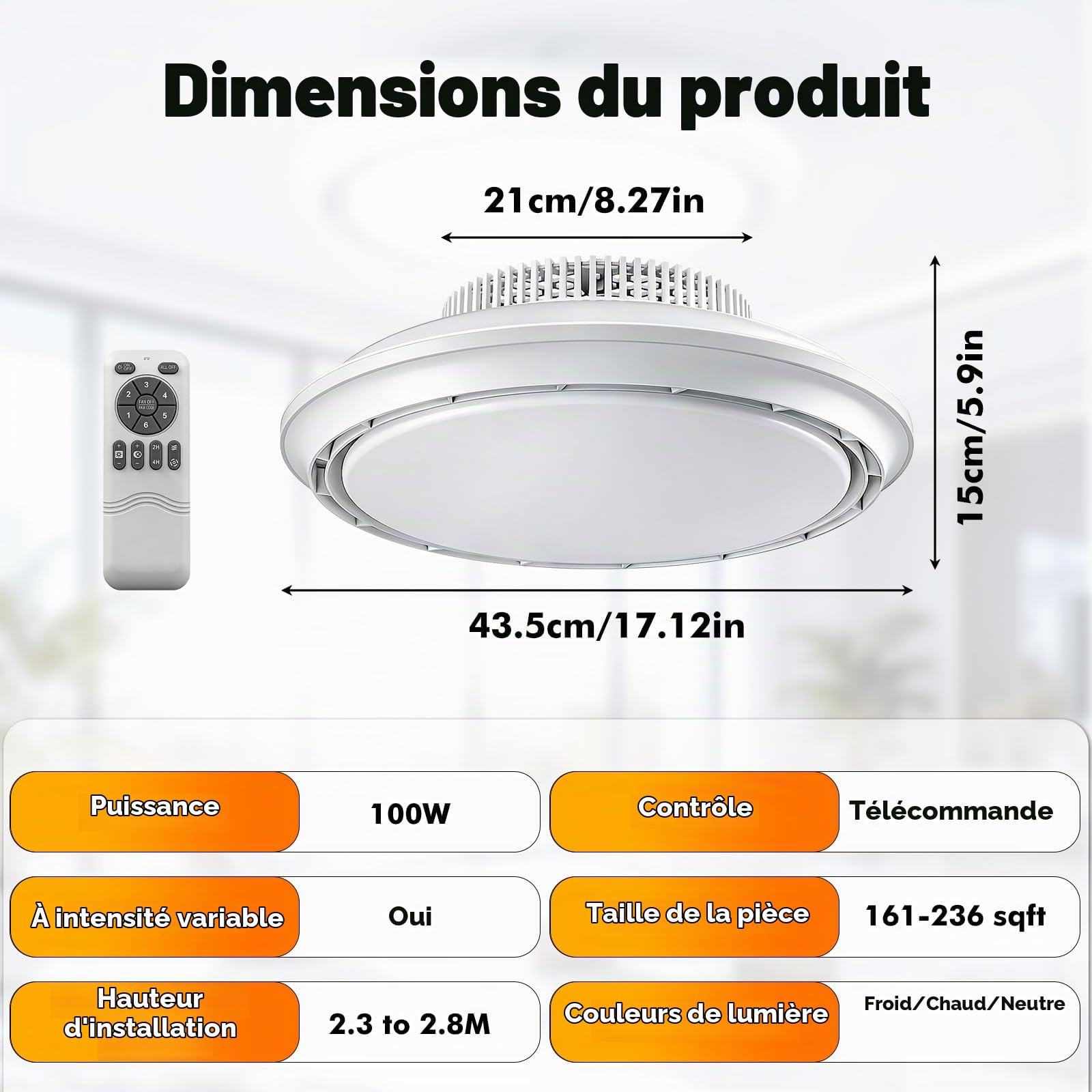 Ventilateur de plafond LED sans pales avec éclairage lampe Ø43,5 cm 100W | Ventilateurs télécommande minuterie | Plafonnier à intensité variable à 6 vitesses pour chambre à coucher et salon