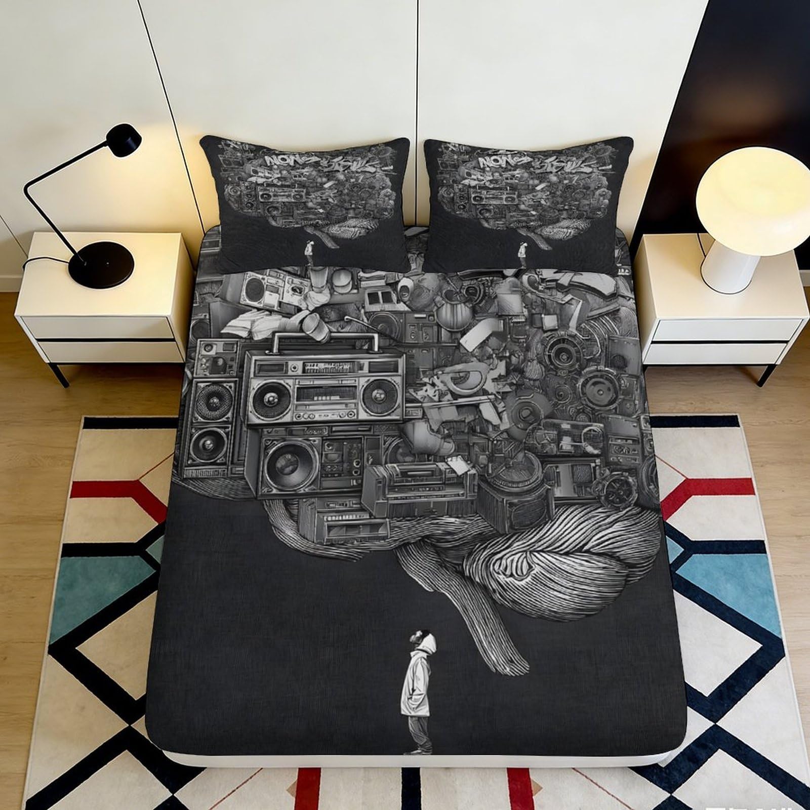 Jqzkxnhpbr Style-9 3D Printed Urban Graffiti Fitted Sheet Microfiber Black White Retro Boombox Bed Cover For Bedroom Dorm Mattress Protection Decor 90X200x25cm