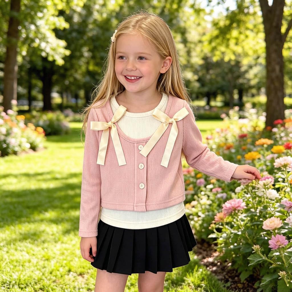 Girls Cardigan Sweater Bow Long Sleeve Casual Wear | Ribbed Open Front Layer With Decorative Bows And Button Closure For School And Dressy Outfits