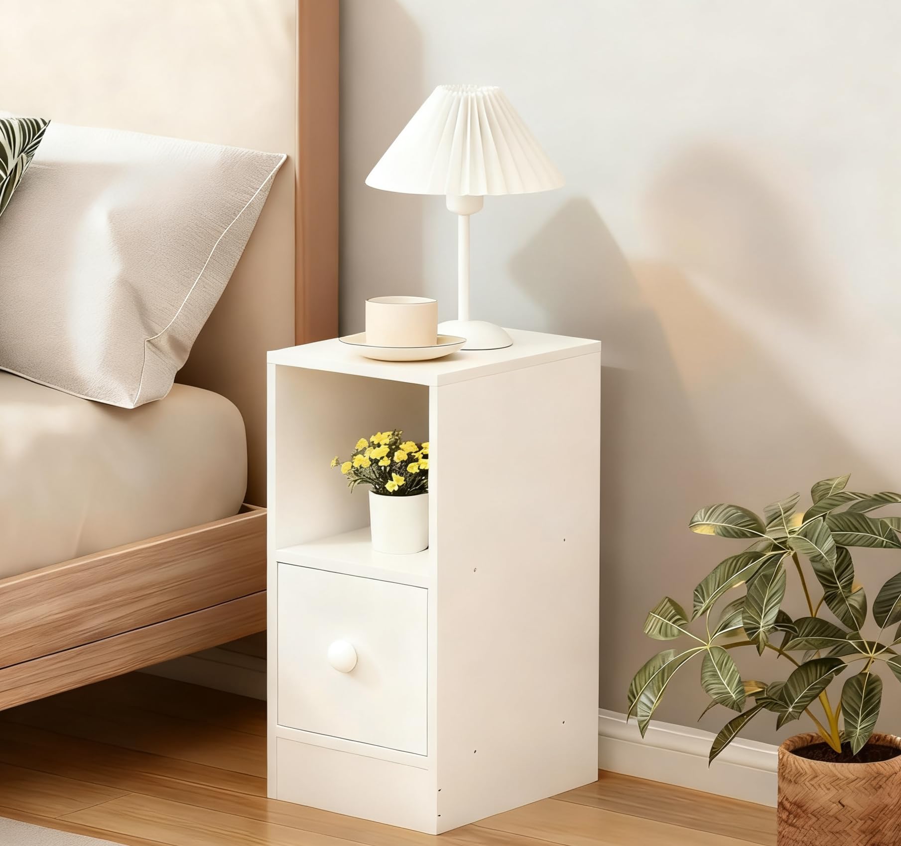 Tall Slim Bedroom Bedside Table Cabinet Nightstand with Storage Shelf and Drawer, Living Room Corner Small Sofa Table Side Table End Table for Narrow Space (20cm single drawer white)