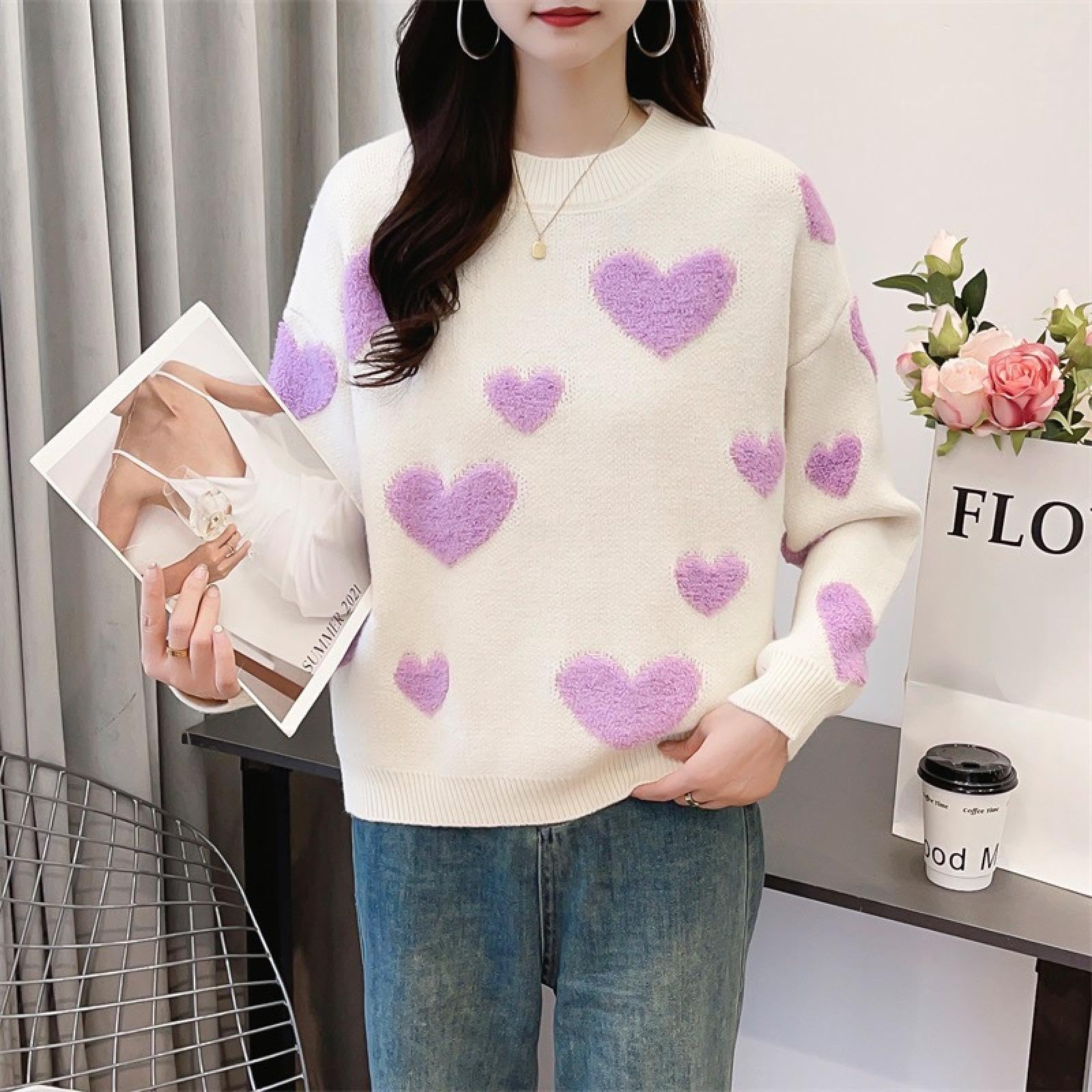 Moherowy sweter z dzianiny z rękawami nietoperza damski oversize sweter z cienkiej dzianiny, sweter z wełny merynosów z sercem styl sztokholmski wiosenny strój podróżny damskie czyste ubrania